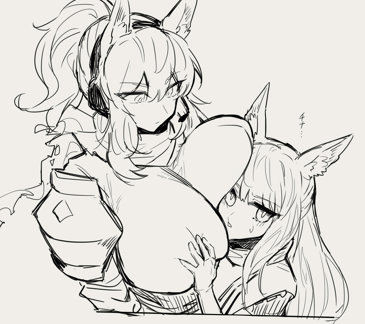 2girls, arknights, bangs, big breasts, blank stare, breast envy, breast fondling, breasts, female, female focus, female only, groping, groping breasts, horse, horse ears, horse girl, huge breasts, long hair, melon22, nearl (arknights), platinum (arknights), ponytail, sketch