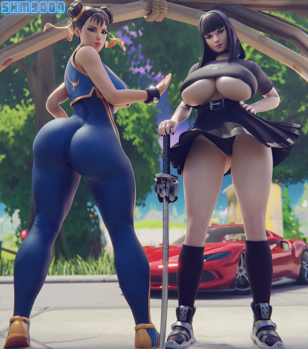 2girls 3d 3d_(artwork) ass big_ass big_breasts big_butt black_hair breasts brown_hair capcom charlotte_(fortnite) chun-li chun-li_(fortnite) epic_games female female_only fortnite fortnite:_battle_royale looking_at_viewer pale-skinned_female pale_skin panties pose posing skirt street_fighter superhentaimaster9000 tight_clothes tight_clothing tight_pants underboob underwear white_skin