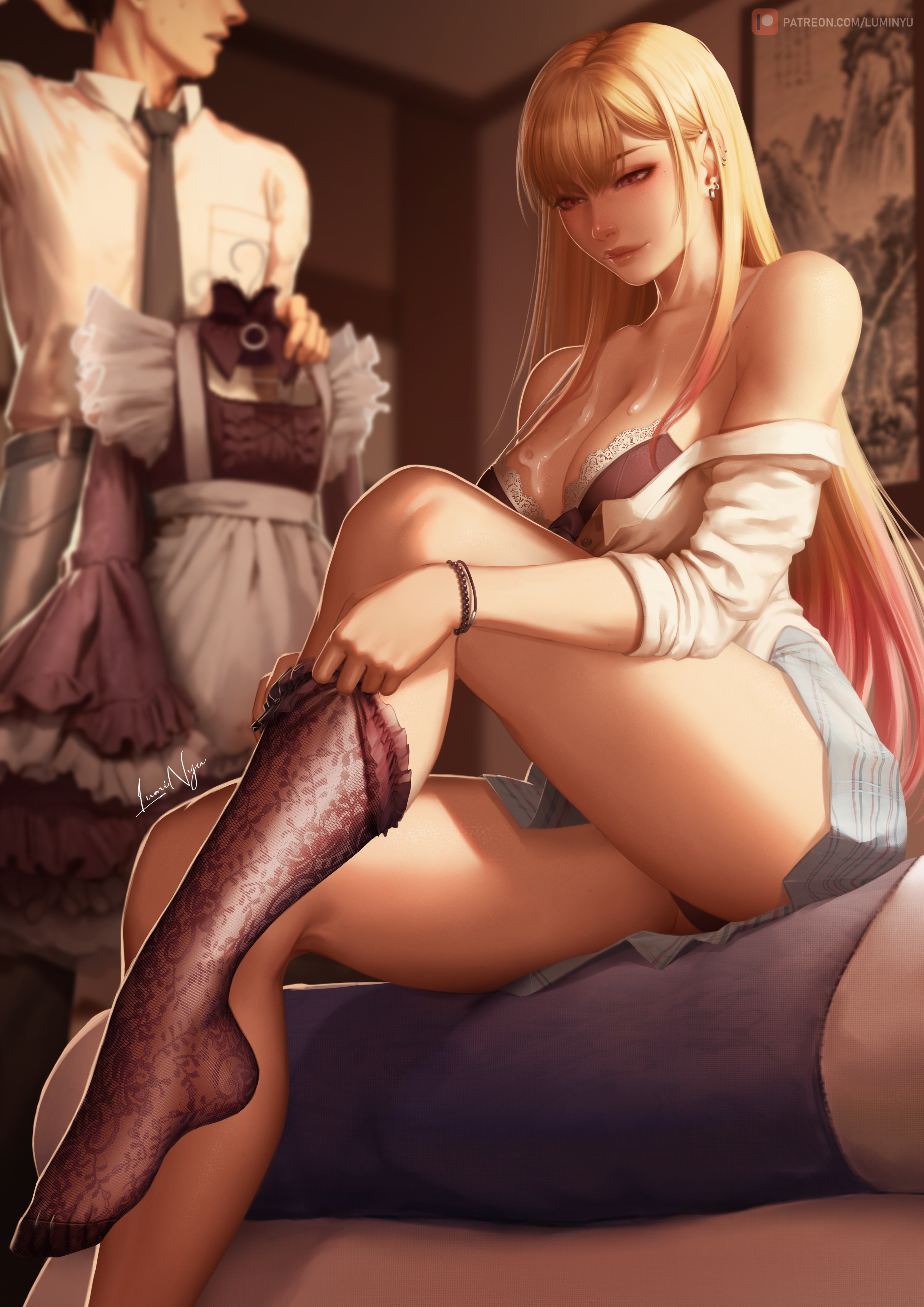 1boy, 1girls, bed, bedroom, blonde hair, breasts, cleavage, cum, cum on breasts, cute, dressing, feet, female, gyaru, high resolution, highres, kitagawa marin, leg lift, legs, legs up, legwear, lingerie, luminyu, male, marin kitagawa, panties, pierced ears, piercing, piercings, pink eyes, pink hair, school uniform, schoolgirl, skirt, sono bisque doll wa koi wo suru, stockings, teenager, thick thighs, thighs, tights, two-tone hair, unbuttoned, unbuttoned shirt, yellow hair