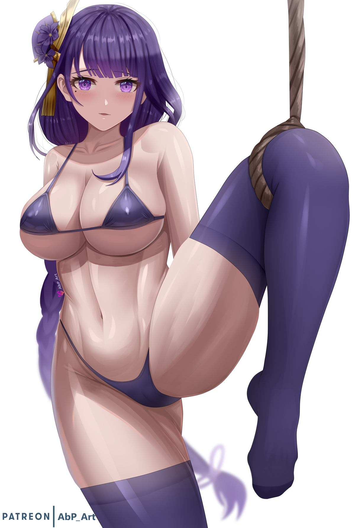 1girls, blush, breasts, female, female only, genshin impact, huge breasts, leg up, long hair, looking at viewer, micro bikini, purple eyes, purple hair, raiden shogun, standing on one leg, suspension, thighhighs, voluptuous