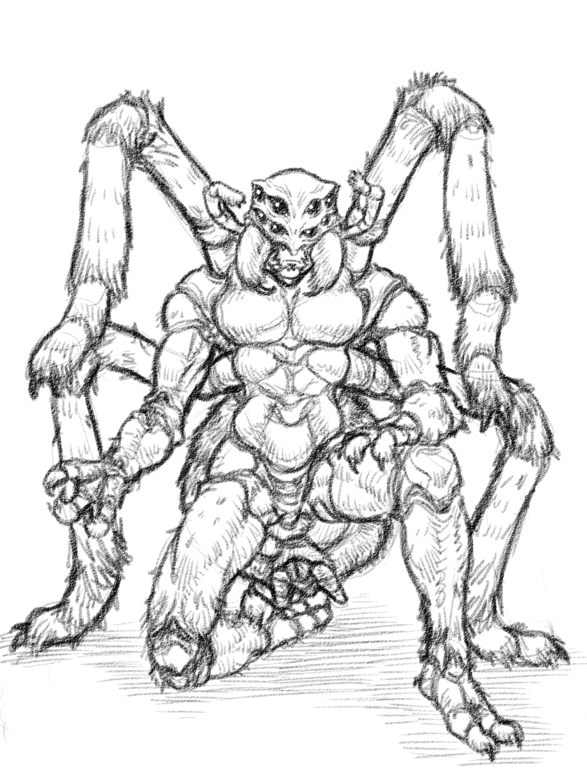 alien anthro arachnid arthropod cidius claws human hybrid kneeling male mammal monochrome multi_eye multi_leg multi_limb nude simple_background solo