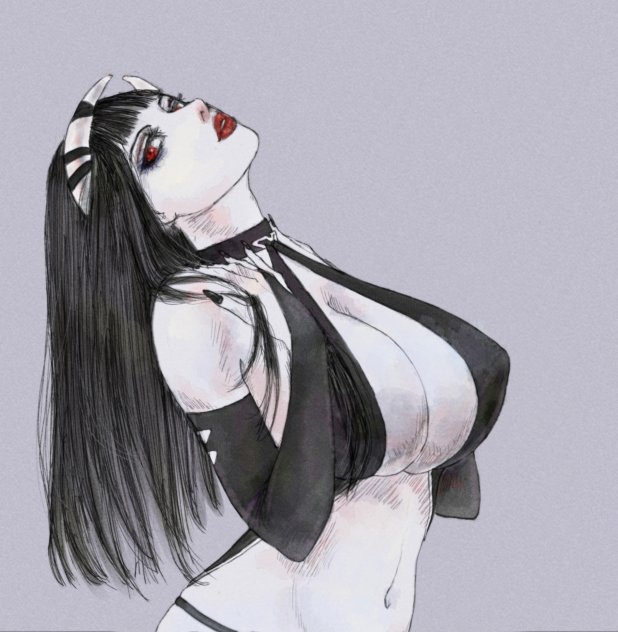 1girls, belly, big breasts, black hair, breasts, choker, cleavage, demon, demon girl, female, female only, fingerless gloves, hand on chest, head tilt, l0nely k1tten, long gloves, long hair, looking at viewer, pale skin, panties, phalia, red eyes, red lipstick, traditional media (artwork)