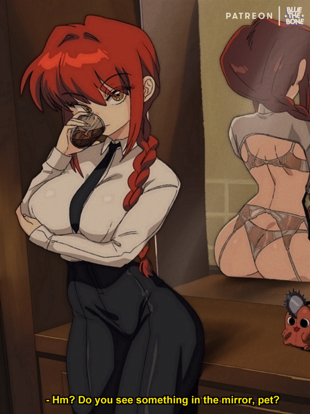1girls, ass, big breasts, bluethebone, bra, braided ponytail, breasts, chainsaw man, english text, eye contact, female, looking at viewer, makima (chainsaw man), orange eyes, panties, plushie, pochita (chainsaw man), red hair, retro artstyle, text, thick thighs, wide hips