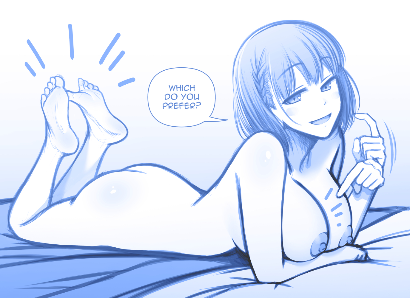 1girls, 2022, ai-chan (tawawa), ass, barefoot, big breasts, breasts, english text, feet, feet up, female, female only, getsuyoubi no tawawa, kidetic, kusujinn, looking at viewer, monochrome, nipples, nude, on stomach, open mouth, shiny skin, short hair, smile, solo, speech bubble, talking to viewer, text, the pose