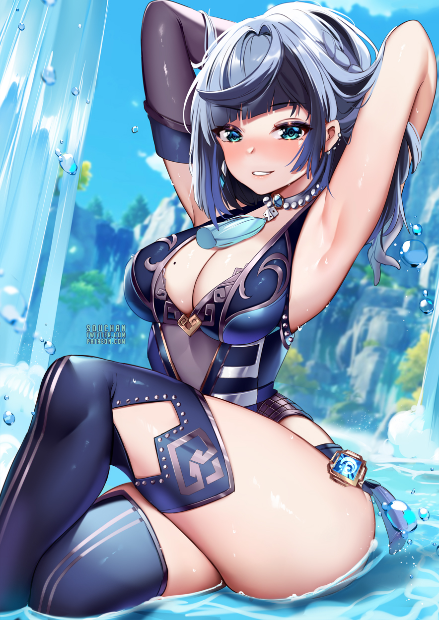 1girls, 2022, armpits, arms above head, arms up, beauty mark, black hair, blush, breasts, cleavage, female, female only, genshin impact, green eyes, hips, huge breasts, mole on breast, outdoors, short hair, slim waist, squchan, thick thighs, thighs, water, wet, wide hips, yelan (genshin impact)