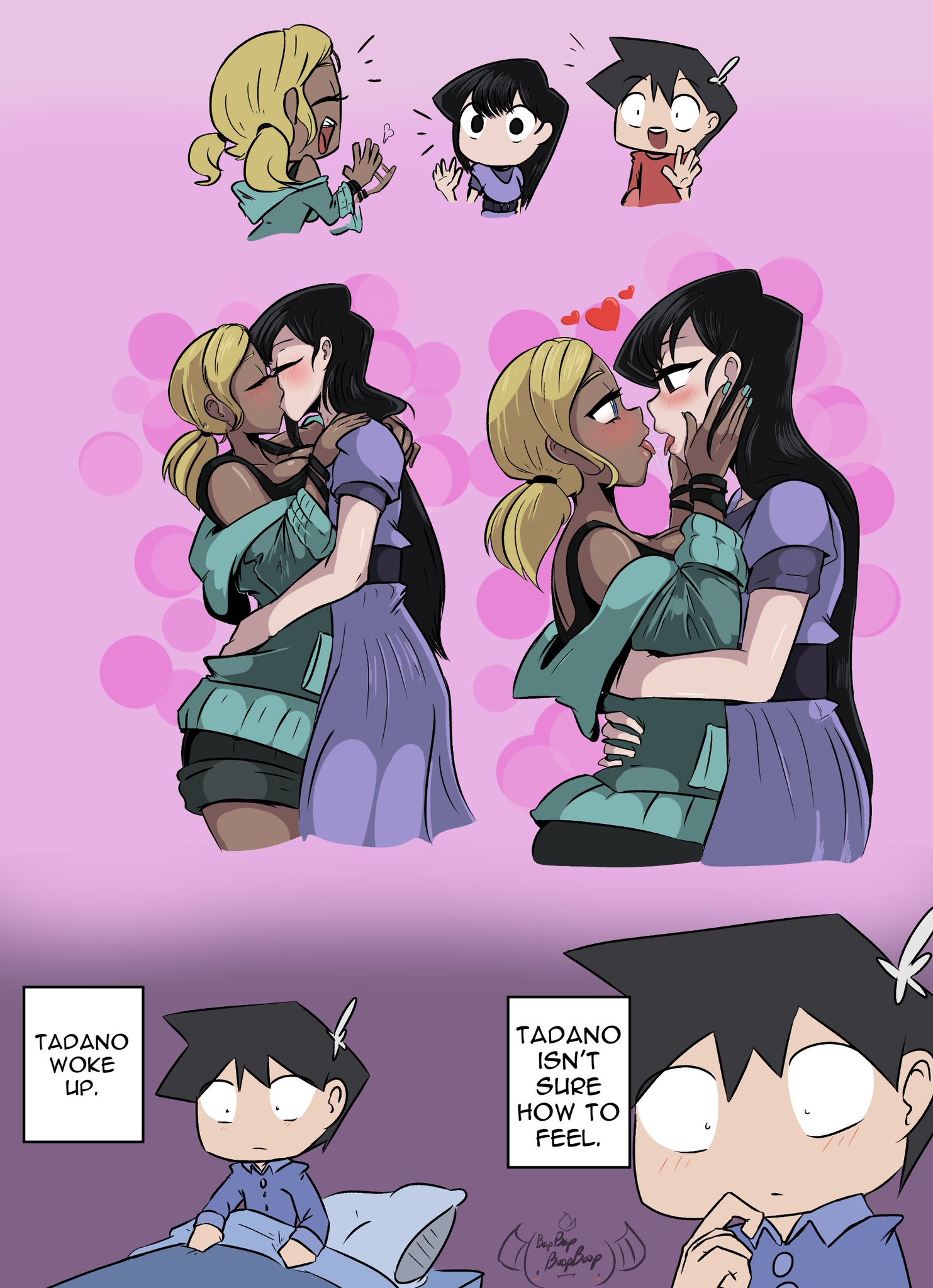 1boy, 2girls, bapboop, bapnboop, black hair, blonde hair, blush, dark skin, dark-skinned female, dream, female, french kiss, french kissing, gyaru, kissing, komi shouko, komi-san wa komyushou desu, long fingernails, long hair, male, manbagi rumiko, no mouth, short hair, tadano hitohito, tongue, tongue kiss, tongue out, yuri