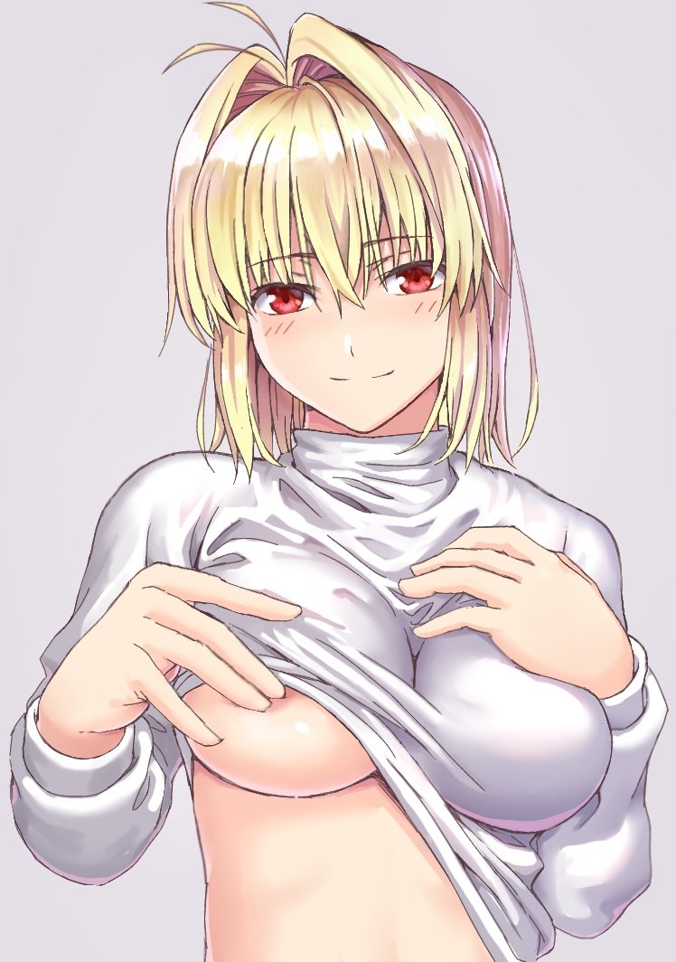 1girls, ahoge, arcueid brunestud, big breasts, blonde hair, blush, breasts, egnis01, female, female only, hair intakes, large breasts, looking at viewer, medium hair, no bra, red eyes, shirt lift, short hair, smile, solo, tsukihime, turtleneck, turtleneck sweater, type-moon, underboob