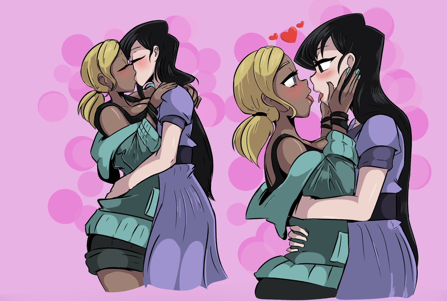 bapboop, blonde hair, blush, dark skin, dark-skinned female, female, gyaru, hugging, kissing, komi shouko, komi-san wa komyushou desu, lesbian, long fingernails, manbagi rumiko, yuri