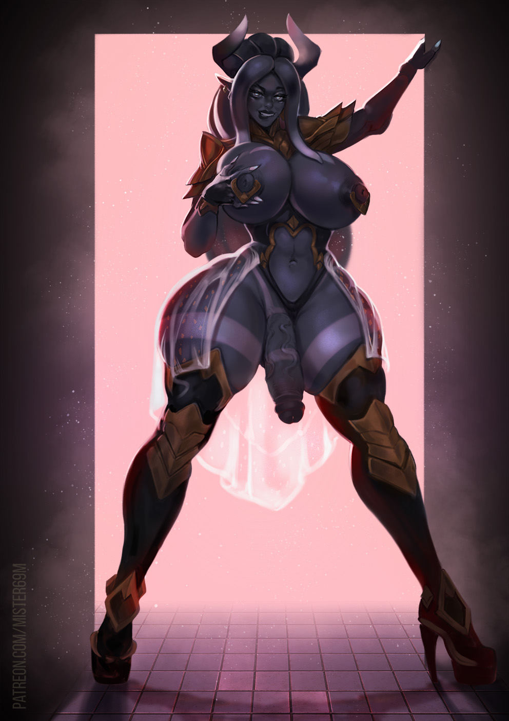 1futa, areolae, big breasts, big penis, breasts, curvy, erection, futa only, futanari, grey skin, high heels, horns, hourglass figure, huge breasts, humanoid, humanoid penis, intersex, looking at viewer, mister69m, nipple piercing, nipples, nude, penis, piercing, solo, standing, thick thighs, thighhighs, wide hips, wide stance