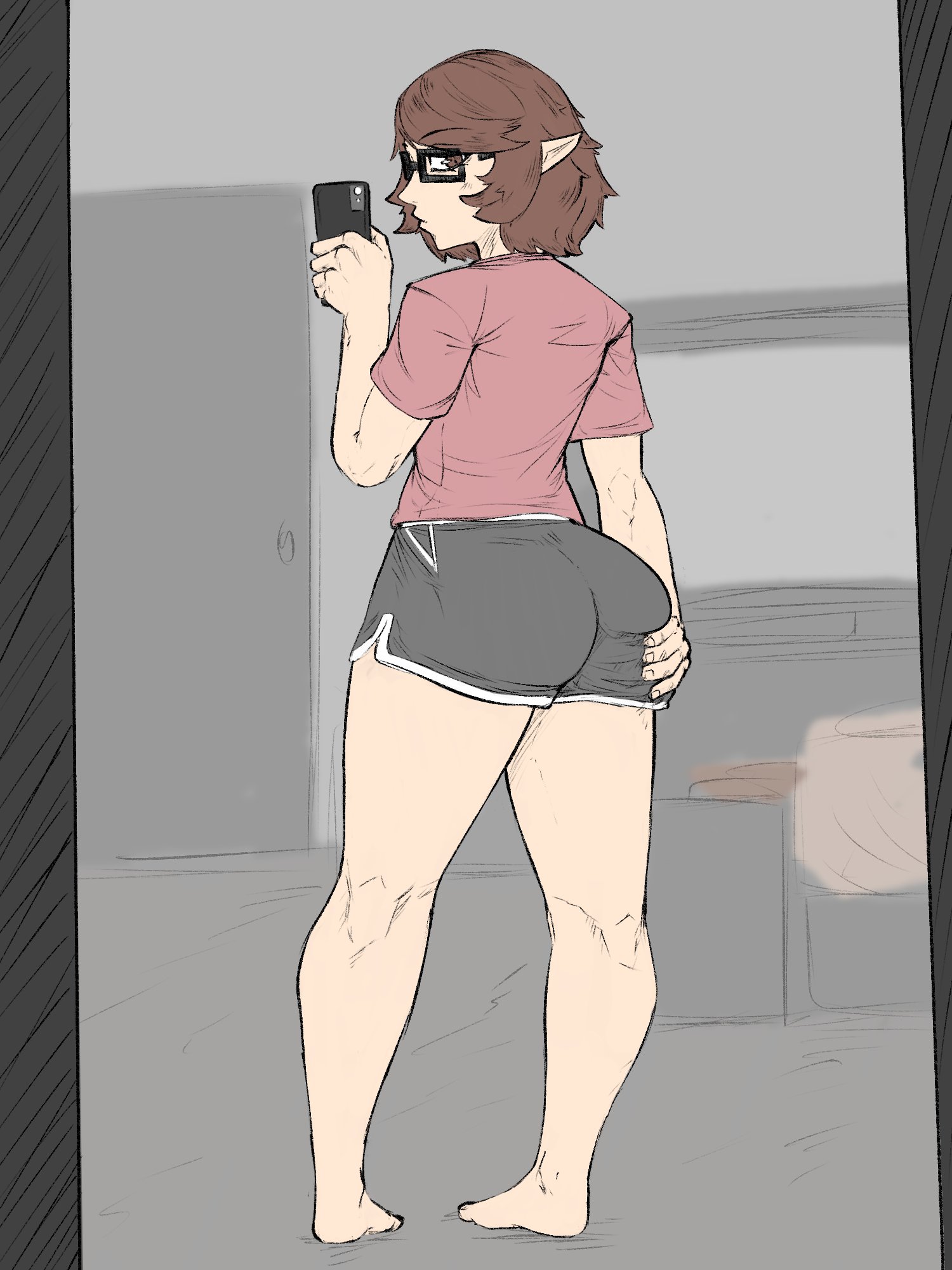 1boy, ass, ass grab, big ass, brown eyes, brown hair, butterybunz, dimitri monroe, feet, femboy, glasses, holding phone, looking at viewer, male, male focus, male only, phone, pointy ears, shirt, short shorts, shorts, solo, solo male, standing, trap