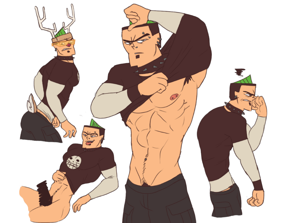 abs, angry, ass, belly button, bottomless, cartoon network, censored, deer ears, deer horns, duncan (tdi), horns, light skin, light-skinned male, male, male focus, male only, multiple poses, muscles, muscular, nipples, pecs, penis, pierced nipples, pubic hair, punk, shirt, shirt lift, showing off, solo, tagme, total drama island, transparent background, unknown artist