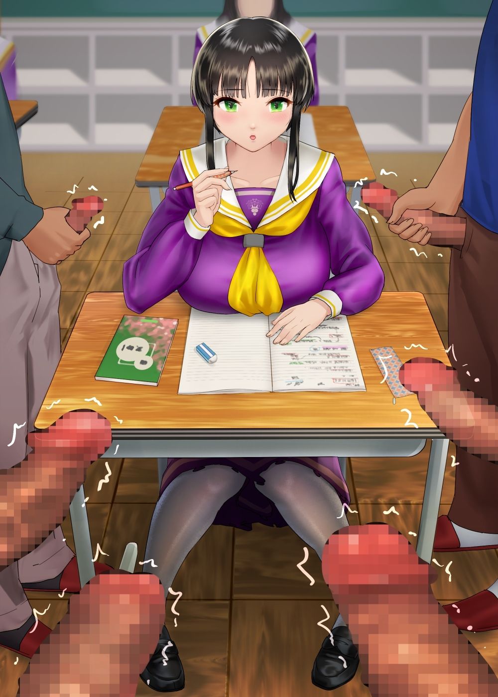 1girls 6+boys 6boys about_to_cum big_breasts black_hair breasts censored dokiyuri female green_eyes huge_breasts male_masturbation masturbation multiple_boys penis_through_fly public purple_clothing school_uniform schoolgirl sitting surrounded surrounded_by_penises