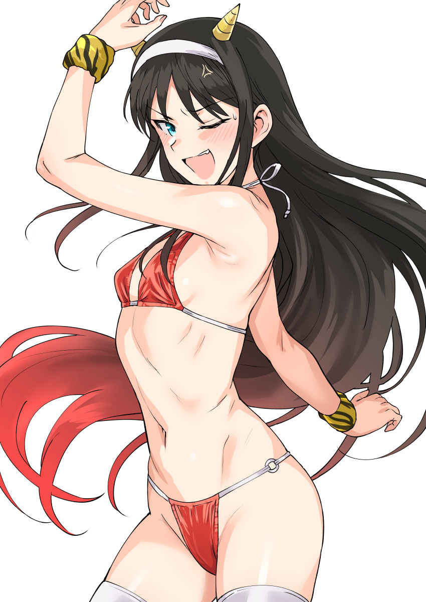 anger_vein bikini black_hair blue_eyes blush female female_only flat_chest flat_chested gradient_hair hairband horns long_hair looking_at_viewer oerba_yun_fang oni_horns open_mouth red_bikini small_breasts solo sweatdrop swimsuit tiger_print tohno_akiha tsukihime tsurui two_tone_hair type-moon wink wrist_cuffs wristband