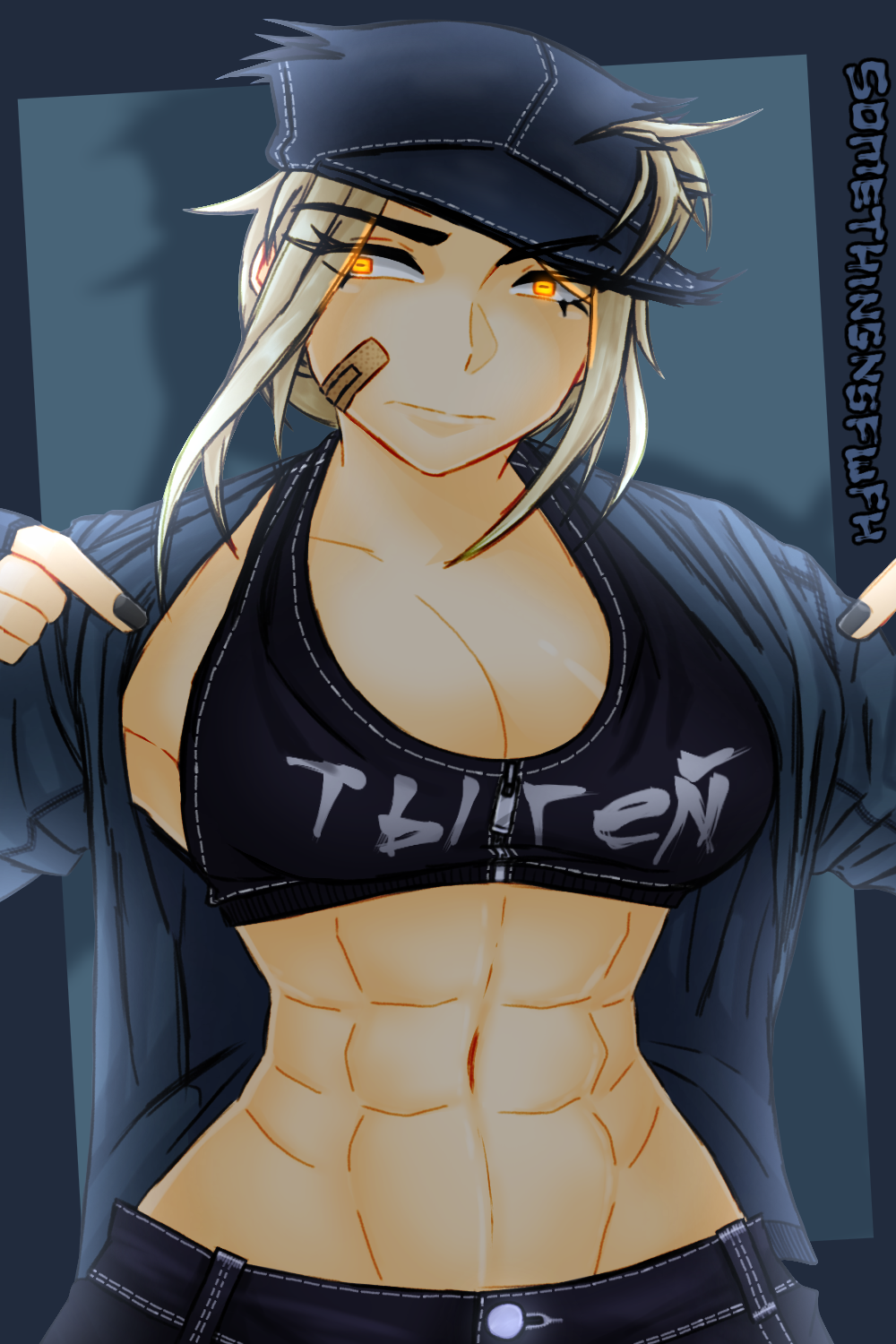 1girls abs band-aid big_breasts black_jeans black_nails black_pants black_sports_bra blonde_hair blue_hat blue_hoodie blue_jacket breasts breasts_out breasts_outside cleavage eyes_visible_through_hair female female_only fnf_mods friday_night_funkin genderswap gijinka goat_eyes hat hoodie humanized jacket jacket_open jeans midriff no_nipples no_penetration orange_eyes orange_pupils rule_63 somethingnsfwfh sports_bra standing tabi_(homskiy) tomboy torn_clothes