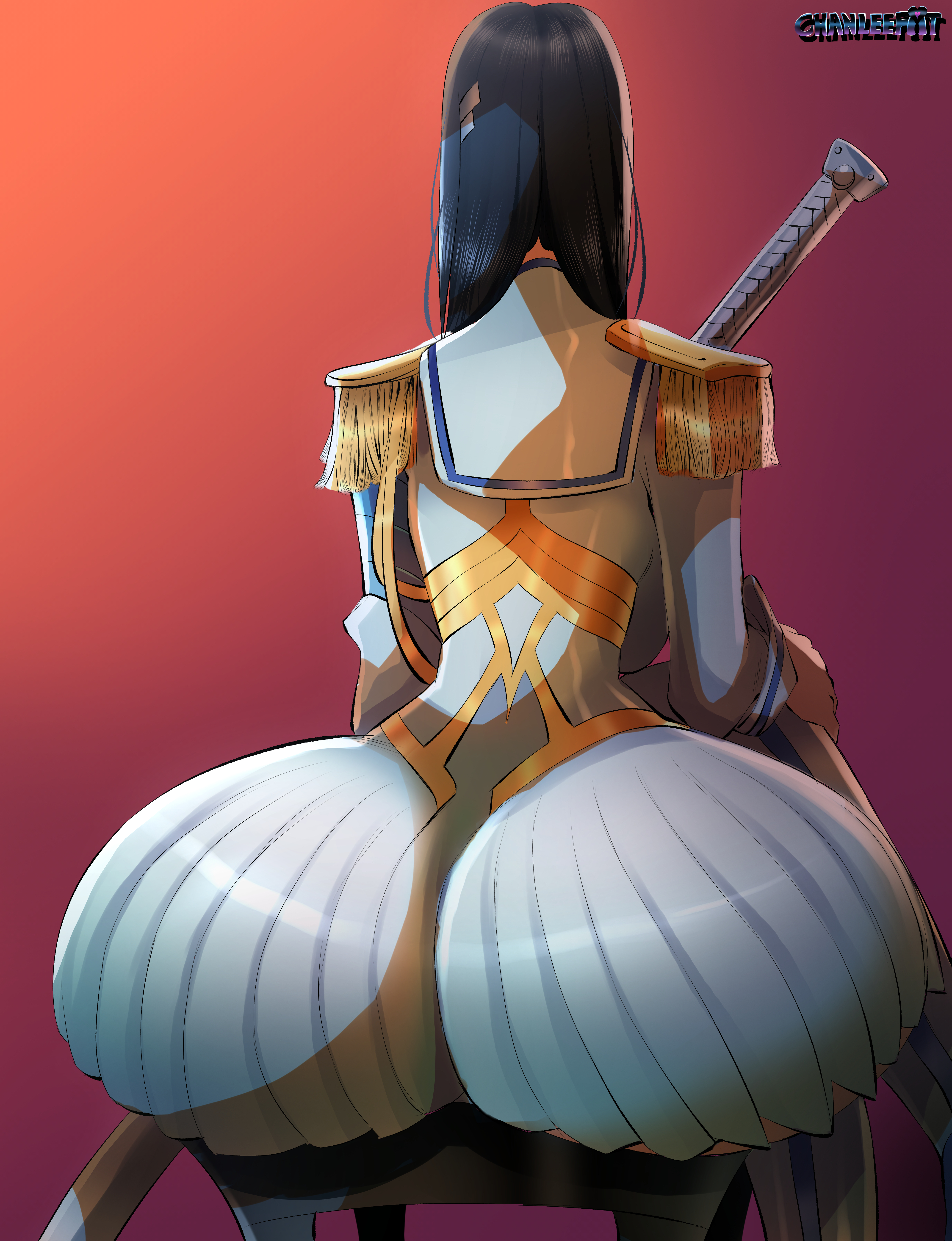 1girls, ass, ass expansion, big, big ass, black hair, chanleefat, female, huge ass, kill la kill, kiryuuin satsuki, light skin, light-skinned female, pale skin, pale-skinned female, school uniform, schoolgirl