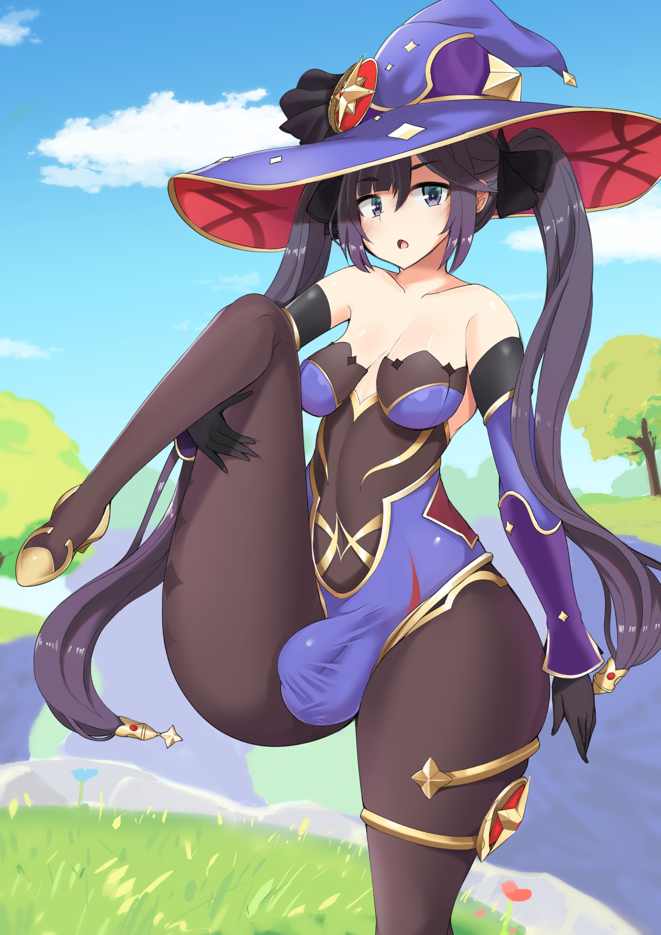 1futa, alternate version at source, balls, bare shoulders, black hair, bodystocking, bottom heavy, breasts, bulge, clothed, clothing, detached sleeves, detailed background, flaccid, fully clothed, futa only, futanari, genshin impact, hat, human, intersex, leg lift, leg up, light skin, light-skinned futa, long hair, medium breasts, mona (genshin impact), nnilaee, penis, solo, standing, thick thighs, twintails, wide hips