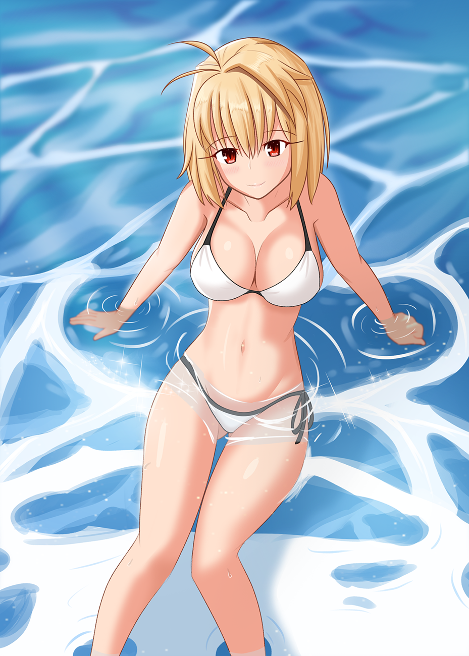 ahoge arcueid_brunestud arcuya beach big_breasts bikini blonde_hair cleavage female female_only knees_together_feet_apart looking_at_viewer medium_hair ocean outside partially_submerged red_eyes short_hair side-tie_bikini sitting slit_pupils smile solo swimsuit tsukihime type-moon water white_bikini