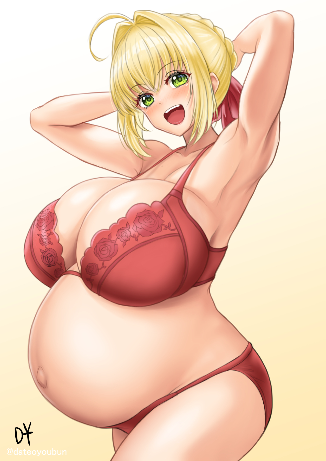 ahoge, armpits, arms up, big breasts, blonde hair, blush, bra, breasts, cleavage, dateoyoubun, fate (series), fate/grand order, female, female only, green eyes, hair bun, hair intakes, hair ribbon, huge breasts, lace-trimmed bra, looking at viewer, massive breasts, nero claudius (fate), open mouth, panties, pregnant, red bra, red panties, smile, solo