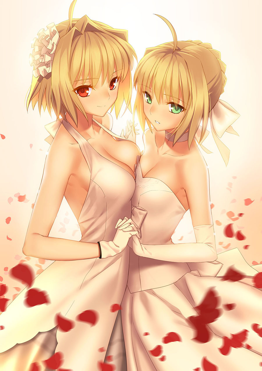 2girls, ahoge, arcueid brunestud, artoria pendragon, big breasts, blonde hair, breast press, breast size difference, breast squish, breasts, bride, choker, cleavage, elbow gloves, fate (series), fate/stay night, female, female only, fully clothed, gloves, green eyes, hair bun, hair intakes, hair ornament, hair ribbon, halterneck, hand holding, looking at viewer, red eyes, short hair, small breasts, smile, tsukihime, type-moon, wedding dress, white gloves, yuri