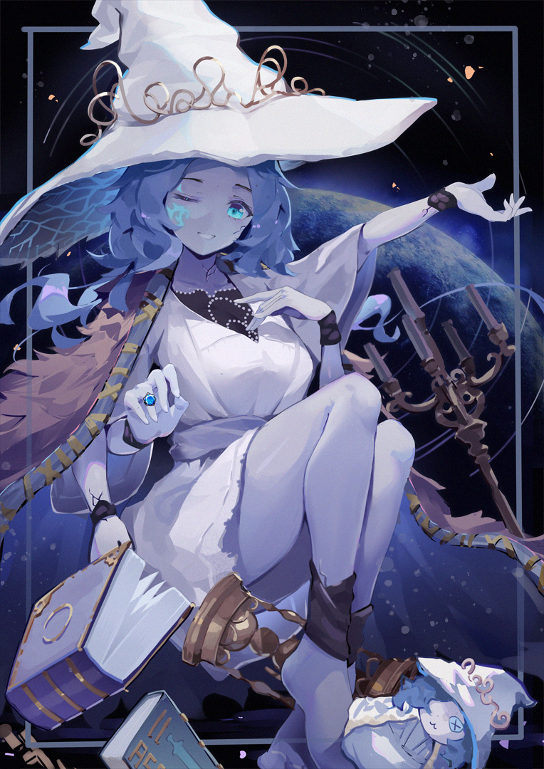:3, 1girls, 2022, 2d, asc11, blue skin, cute, elden ring, female, female only, fromsoftware, legs, looking at viewer, miniature ranni, plushie, ranni the witch, smile, solo, thighs