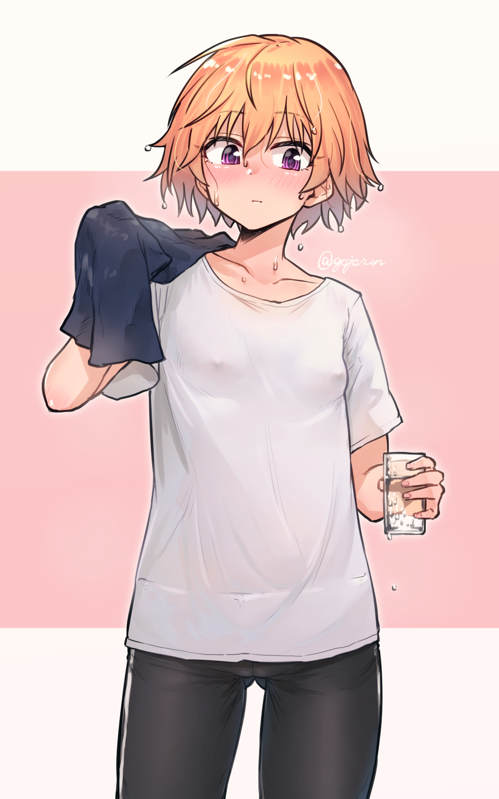 1girls breasts covered_erect_nipples cup drinking_glass female gojarun highres holding idolmaster idolmaster_cinderella_girls ninomiya_asuka nipples_visible_through_clothing no_bra orange_hair pink_eyes see-through shirt short_hair simple_background small_breasts solo t-shirt tomboy towel wet wet_hair