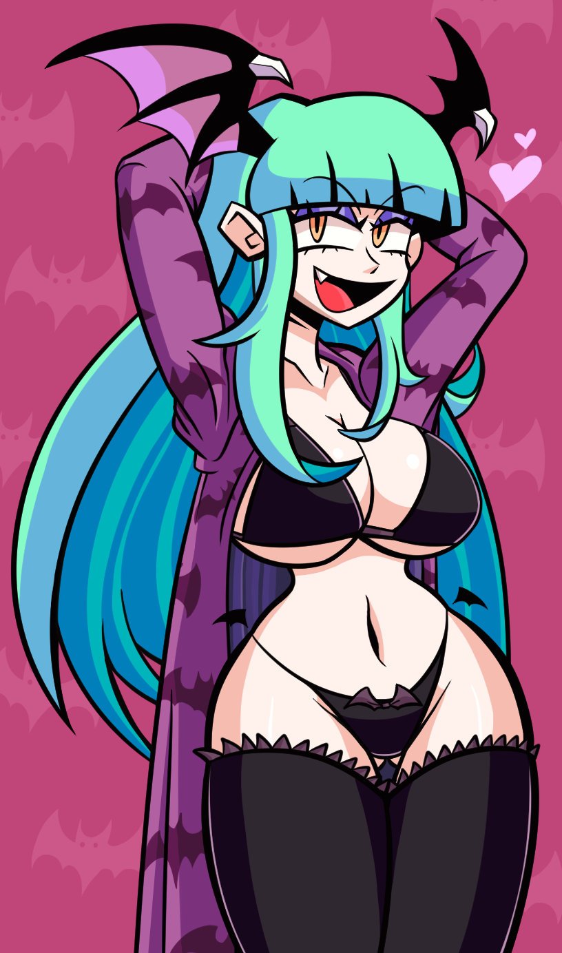 bra breasts clothing darkstalkers female female_only kevinarthurls large_breasts looking_at_viewer morrigan_aensland open_mouth panties solo stockings succubus tagme