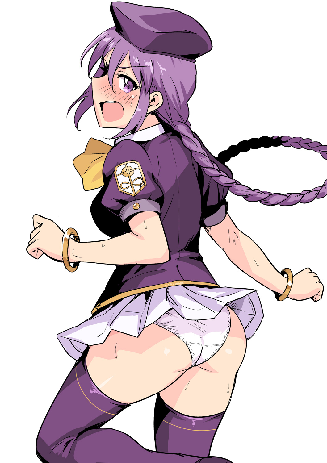 1girls accidental_exposure annoyed ass beret blush bracelets braid braided_hair embarrassed eyebrows_visible_through_hair female female_ass female_only gold_(metal) gold_bracelets gold_jewelry hat jewelry long_hair looking_at_viewer looking_back looking_back_at_viewer melty_blood open_mouth panties pleated_skirt purple_eyebrows purple_eyes purple_hair purple_thighhighs sidelocks single_braid sion_eltnam_atlasia skirt solo sweat thighhighs tsurui type-moon upskirt very_long_hair white_panties white_skirt