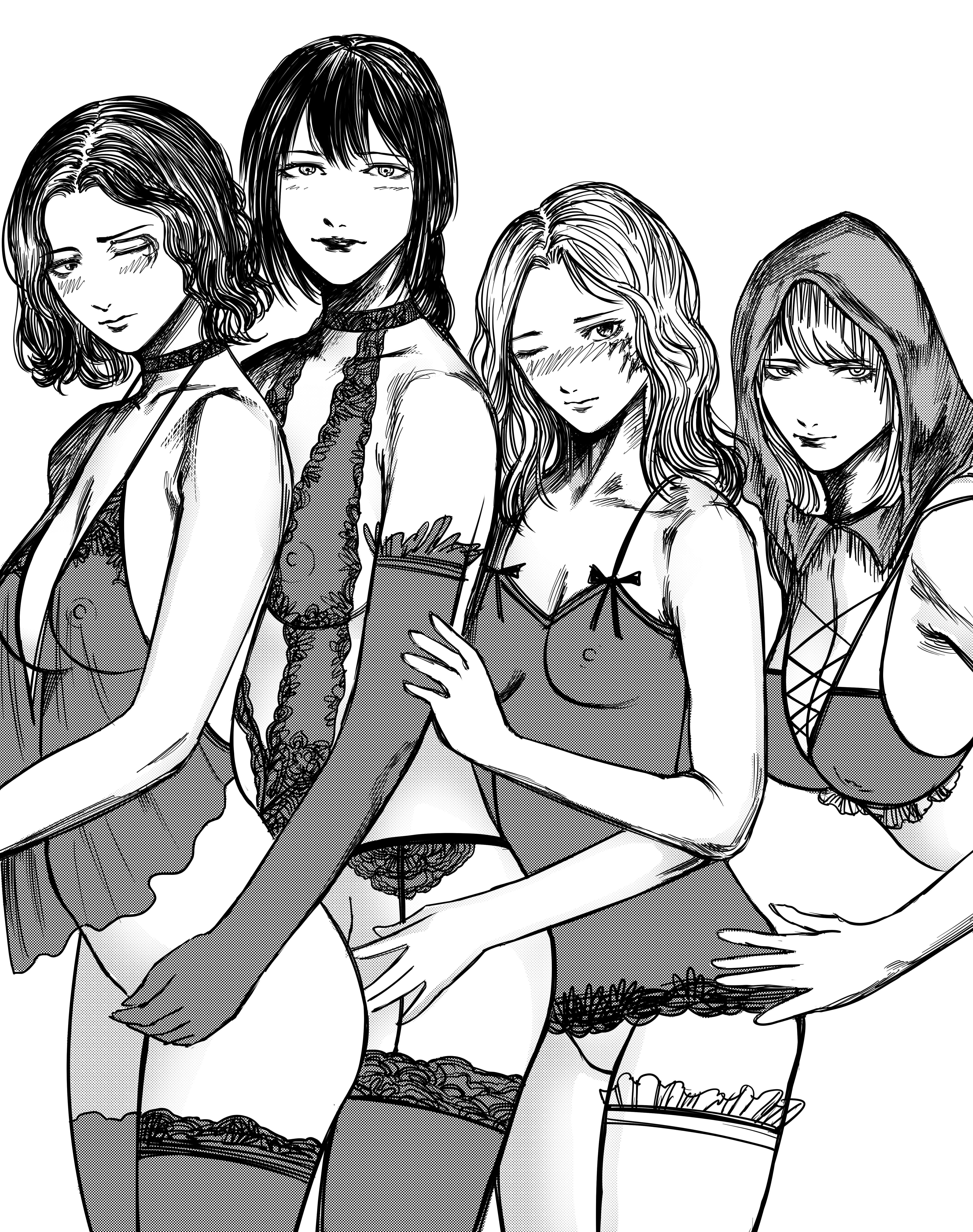 2022, 4girls, areolae, axu, black and white, breasts, cleavage, elden ring, female, female only, fia the deathbed companion, fromsoftware, holding, looking at viewer, melina (elden ring), ranni the witch, sorceress sellen, stockings, wholesome