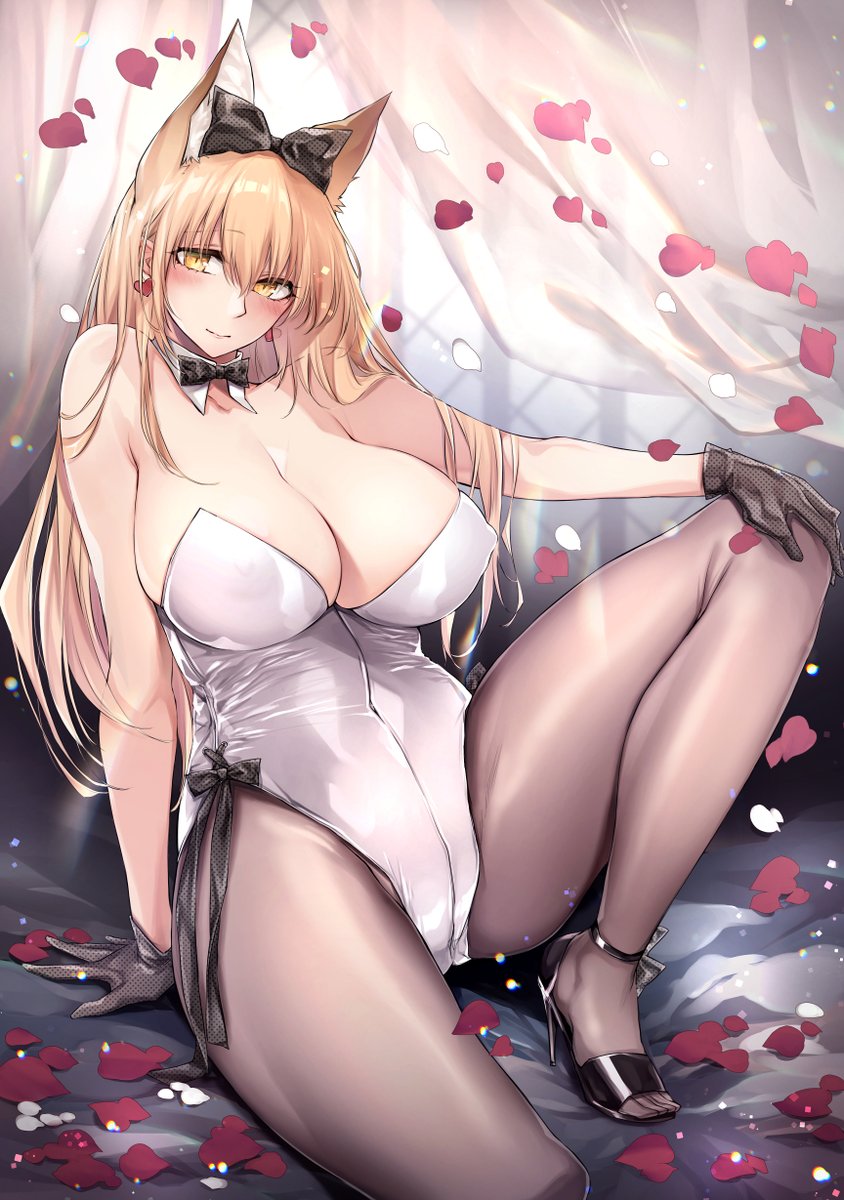 animal_ears big_breasts black_gloves blonde_hair blush bowtie bunnysuit cameltoe cleavage detached_collar earrings fox_ears fox_girl gloves hairbow high_heels kemonomimi kitsune leotard long_hair looking_at_viewer nipple_bulge original pantyhose petals sheer_legwear shizu-chan sitting slit_pupils smile white_leotard yellow_eyes yukibuster