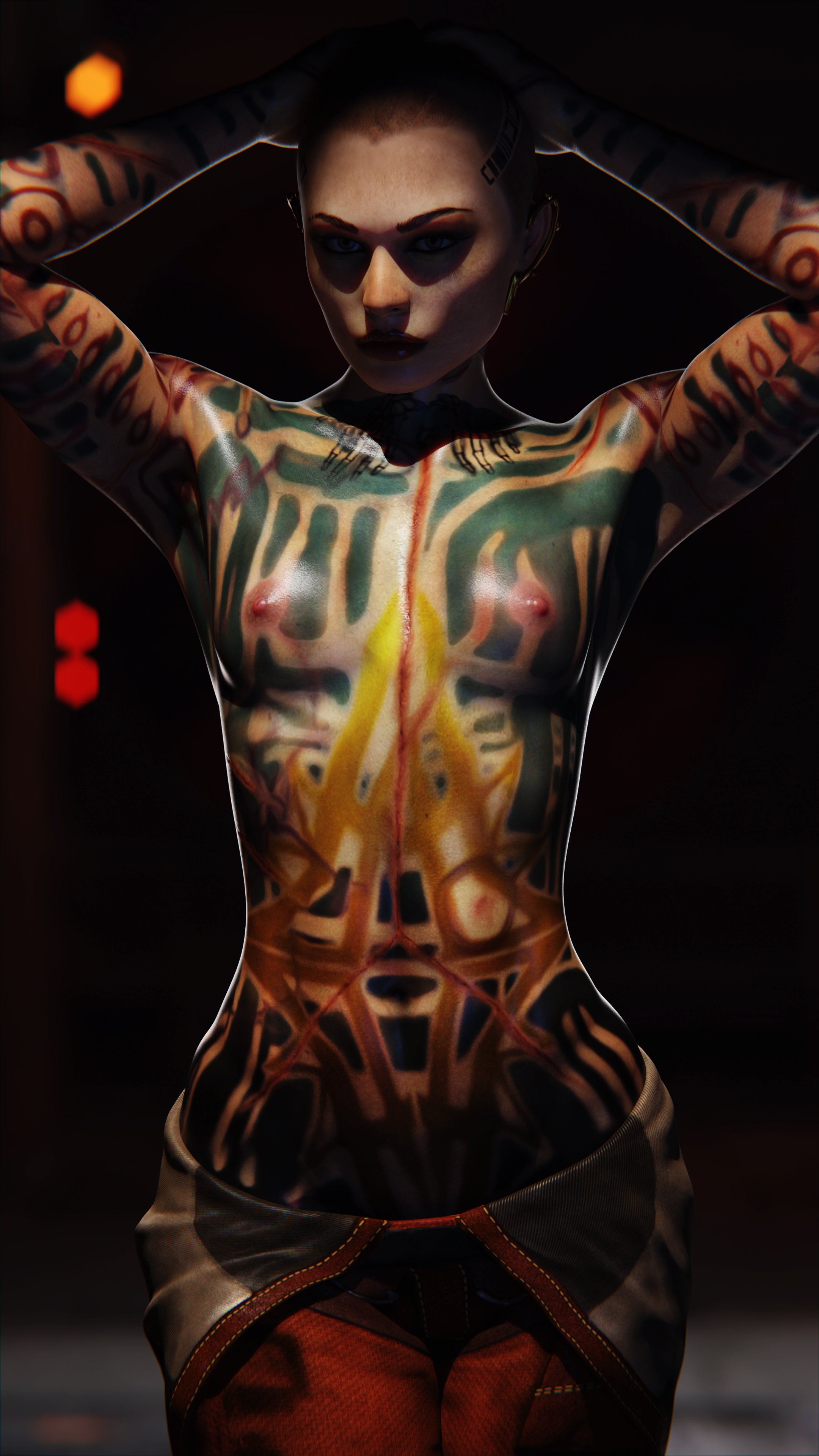 1girls, 3d, 3d (artwork), 4k, absurdres, areolae, arms up, bioware, blender, breasts, fanart, female, female only, front view, full body tattoo, highres, jack (mass effect), lynya, mass effect, mass effect 2, nipples, small breasts, solo, solo female, standing, tattoo, tattoos, wide hips