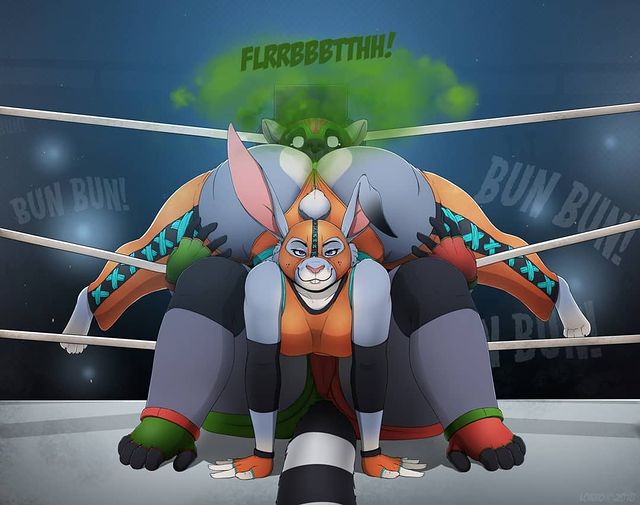 1boy, 1girl, bunny, cheering, fart, fart cloud, fart fetish, fart torture, farting, farting in face, lokko, looking at viewer, rabbit, smug, stinkface, wrestling, wrestling ring