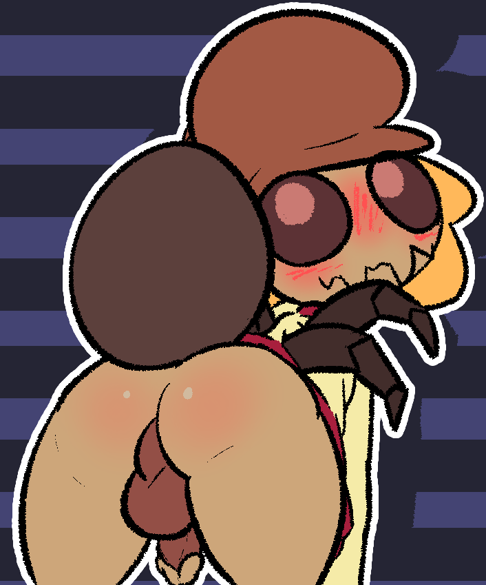 2020 anthro arachnid arthropod ass balls bent_over blush blush_lines body_blush butt_blush clothed clothing genitals hat headgear headwear looking_back lorenzo_(rabblet) male partially_clothed penis perineum presenting presenting_hindquarters rabblet solo solo_focus spider