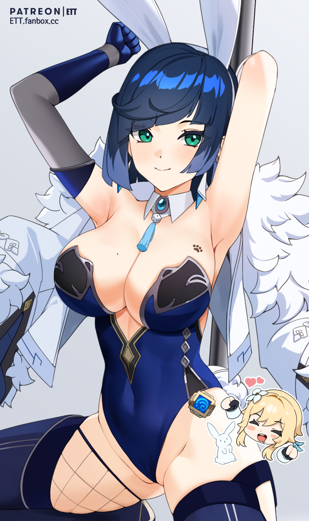 2girls, abs, armpits, arms up, bangs, big breasts, blue hair, blush, breasts, bunny ears, bunny girl, bunny tail, bunnysuit, cleavage, collar, elbow gloves, ett, female, fishnets, fur, genshin impact, gloves, green eyes, hips, huge breasts, large breasts, leotard, looking at viewer, lumine (genshin impact), mole, mole on breast, plain background, pole, pole dancing, short hair, simple background, slim waist, small waist, smile, squatting, thick, thick thighs, thigh boots, thighhighs, thighs, tight clothing, vision (genshin impact), waist, white background, wide hips, yelan (genshin impact)