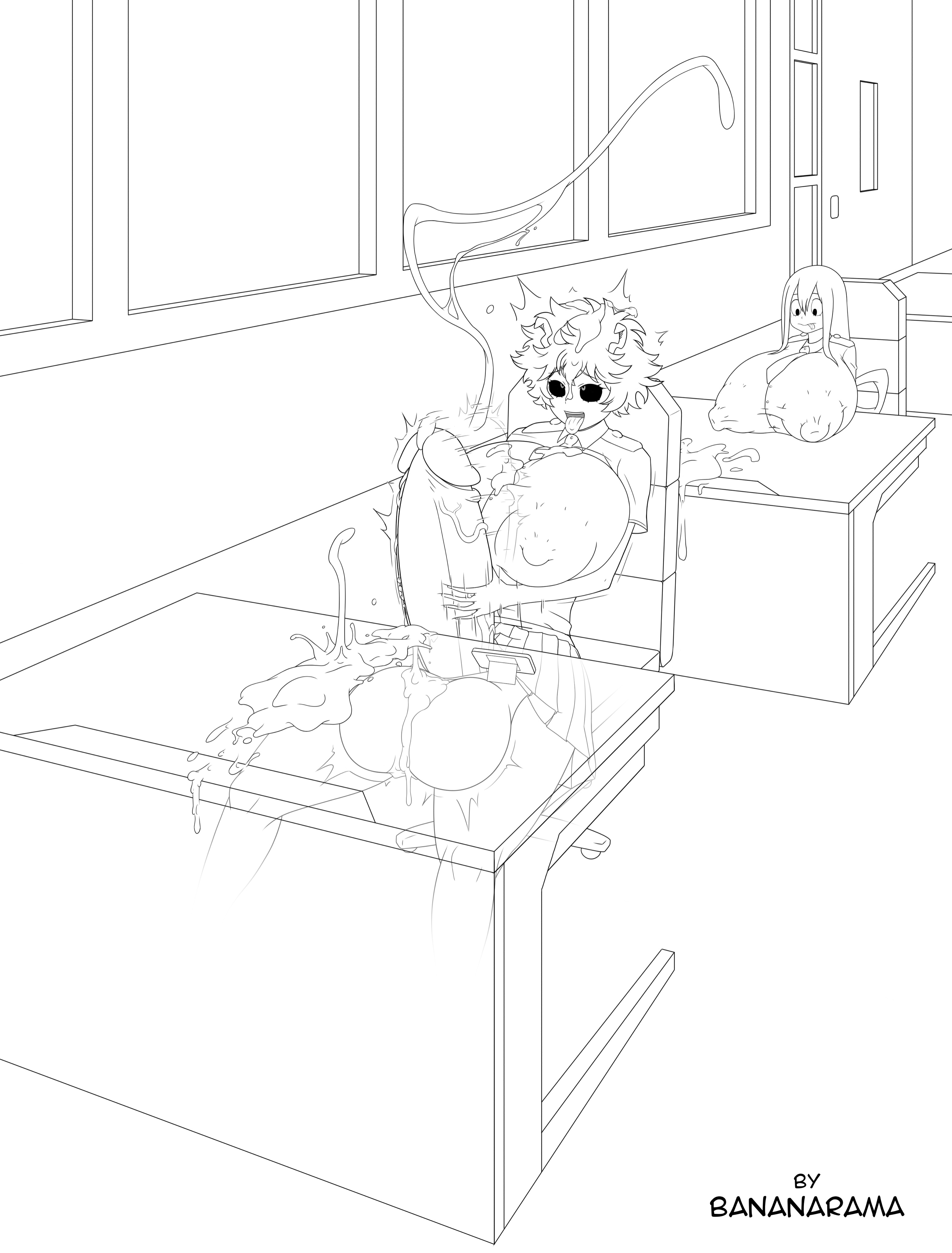 1futa, 1girls, areolae, balls, bananarama (artist), big balls, big breasts, big penis, big testicles, black and white, breasts, classroom, clothed, clothing, continuous ejaculation, dickgirl, female, futa focus, futanari, gigantic breasts, gigantic penis, horns, huge balls, huge breasts, huge cock, huge testicles, human, humanoid, humanoid penis, hyper penis, intersex, large balls, large breasts, large penis, large testicles, massive breasts, masturbation, mina ashido, monochrome, mostly clothed, my hero academia, nipples, no color, no panties, penis, public, public masturbation, puffy nipples, school uniform, solo focus, testicles, thick penis, tsuyu asui, two-handed masturbation, wide penis