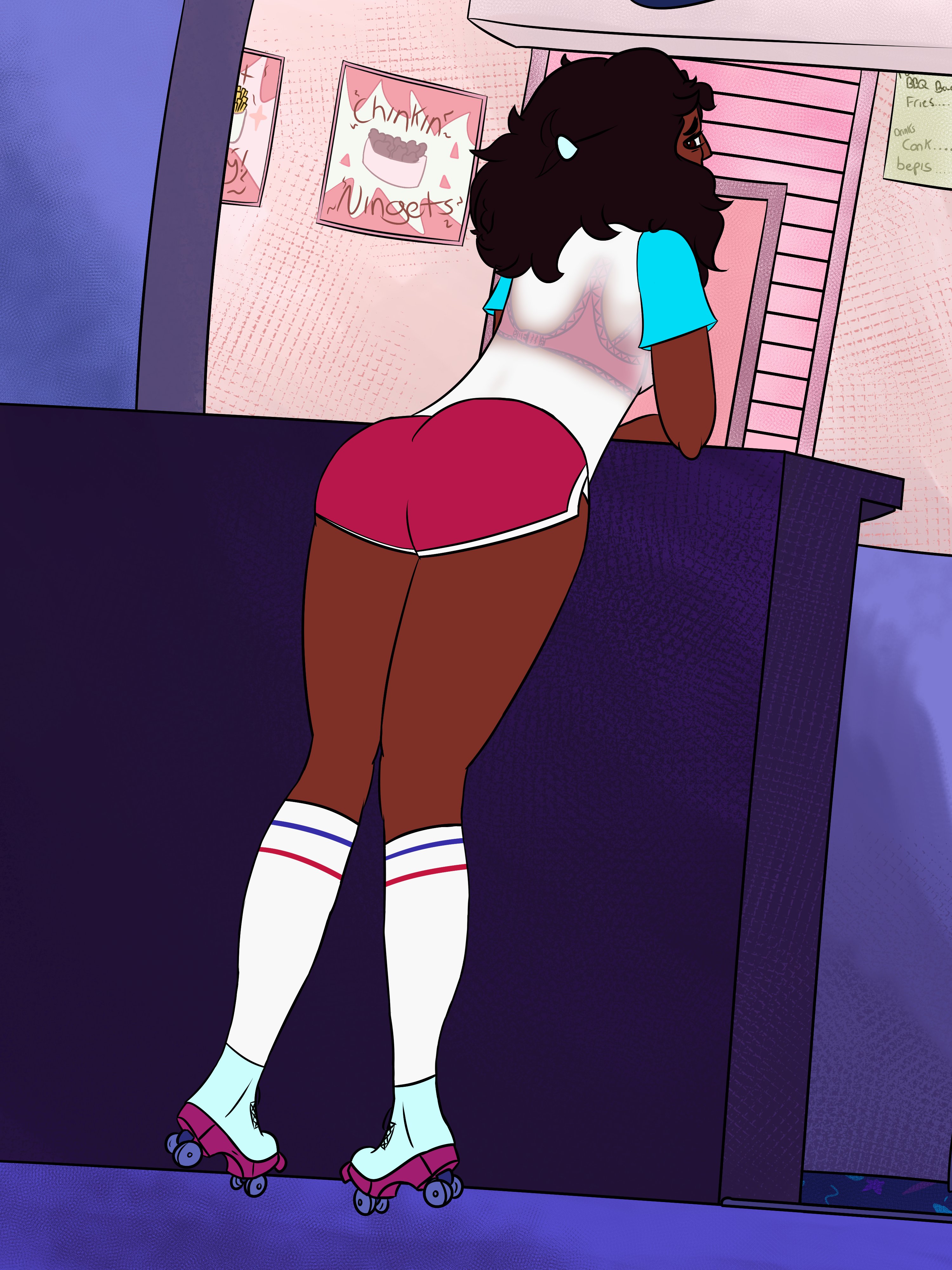 1girls, anurahylidae, ass, athletic, athletic shorts, black hair, bra, breasts, clothing, connie maheswaran, dark skin, dark-skinned female, dolphin shorts, female, female only, footwear, large breasts, leaning on object, legwear, messy hair, roller skates, short shorts, shorts, solo, sportswear, steven universe, steven universe future, straight hair, striped socks