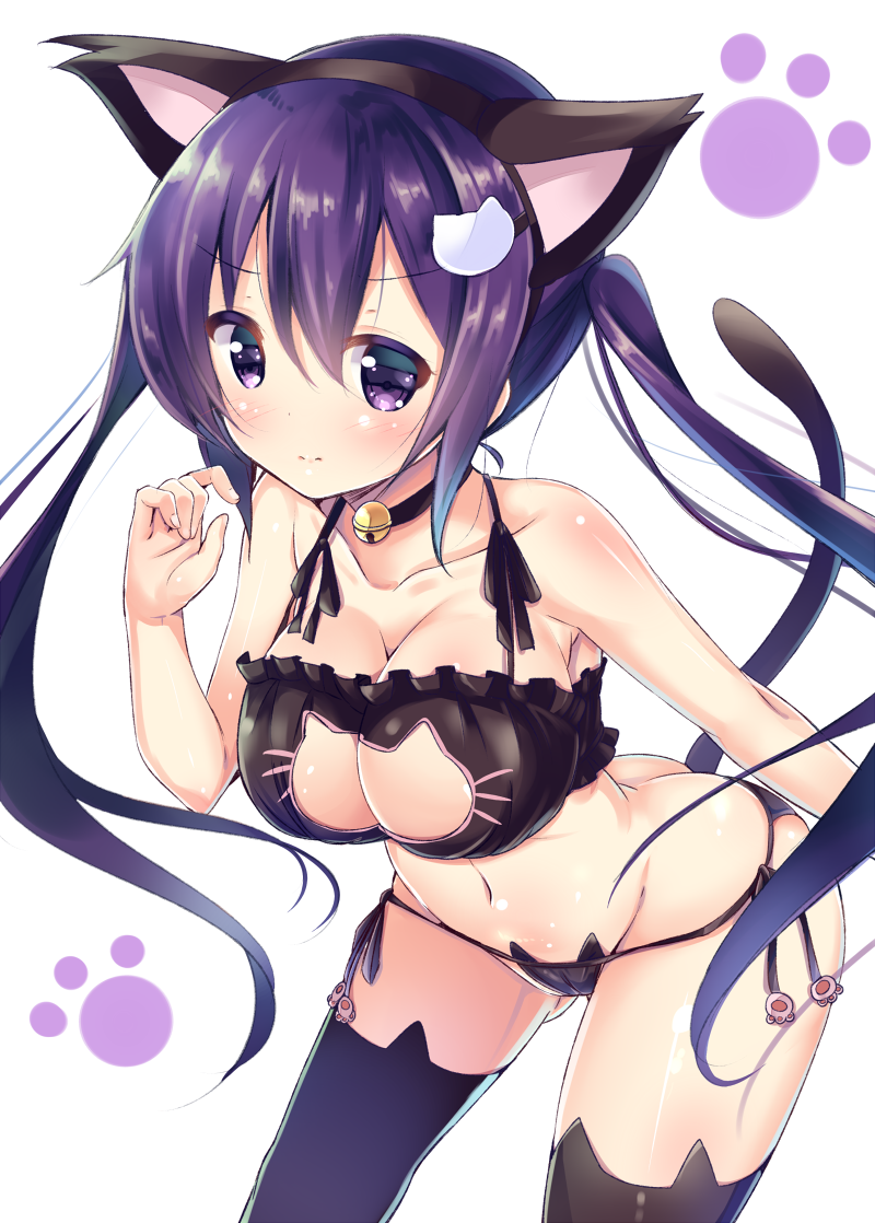 1girls ass big_breasts cat_cutout cat_ear_panties cat_lingerie catgirl female_only kurou_(quadruple_zero) long_hair looking_at_viewer purple_eyes purple_hair standing tedeza_rize