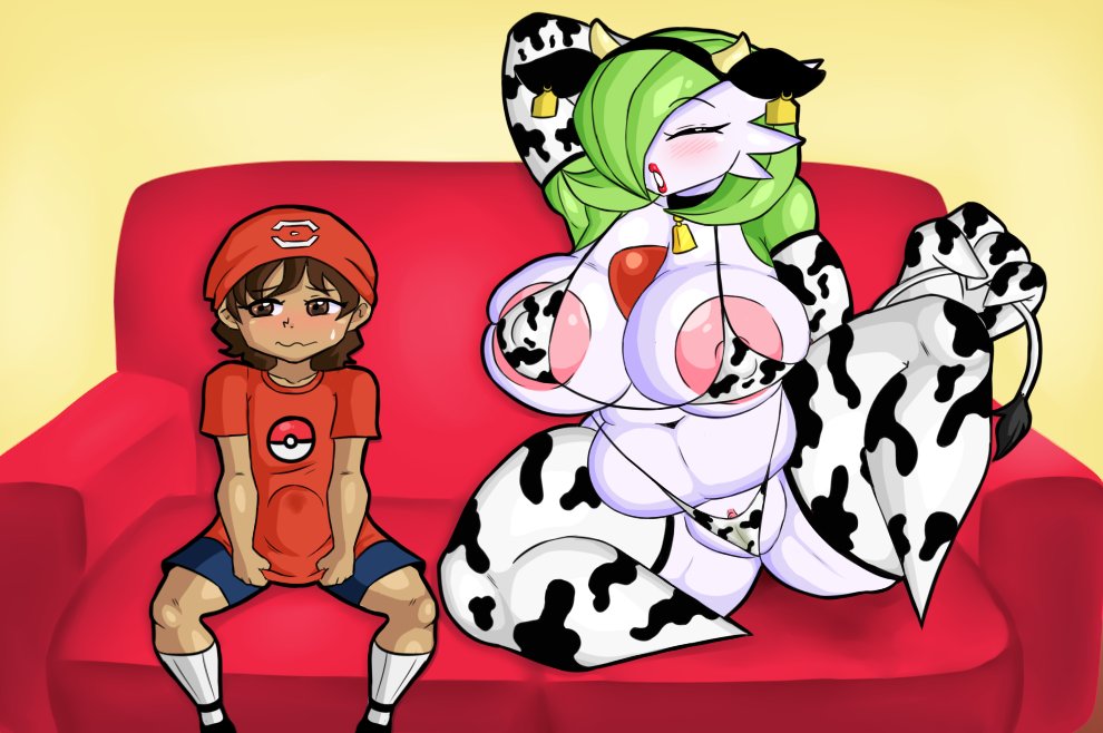 anotherrider armpits arms_behind_back armwear big_areola big_belly big_breasts big_dom_small_sub big_nipples blush bulge bulge_grab bulge_through_clothing clothed_male cow_ears cow_girl cow_print cow_tail embarrassed fake_animal_ears fake_tail g-string gardevoir huge_areolae huge_breasts huge_nipples large_areolae large_breasts large_nipples milf pokémon_(species) pokemon pokemon_(species) pokephilia precum_through_clothing thick_thighs thighhighs