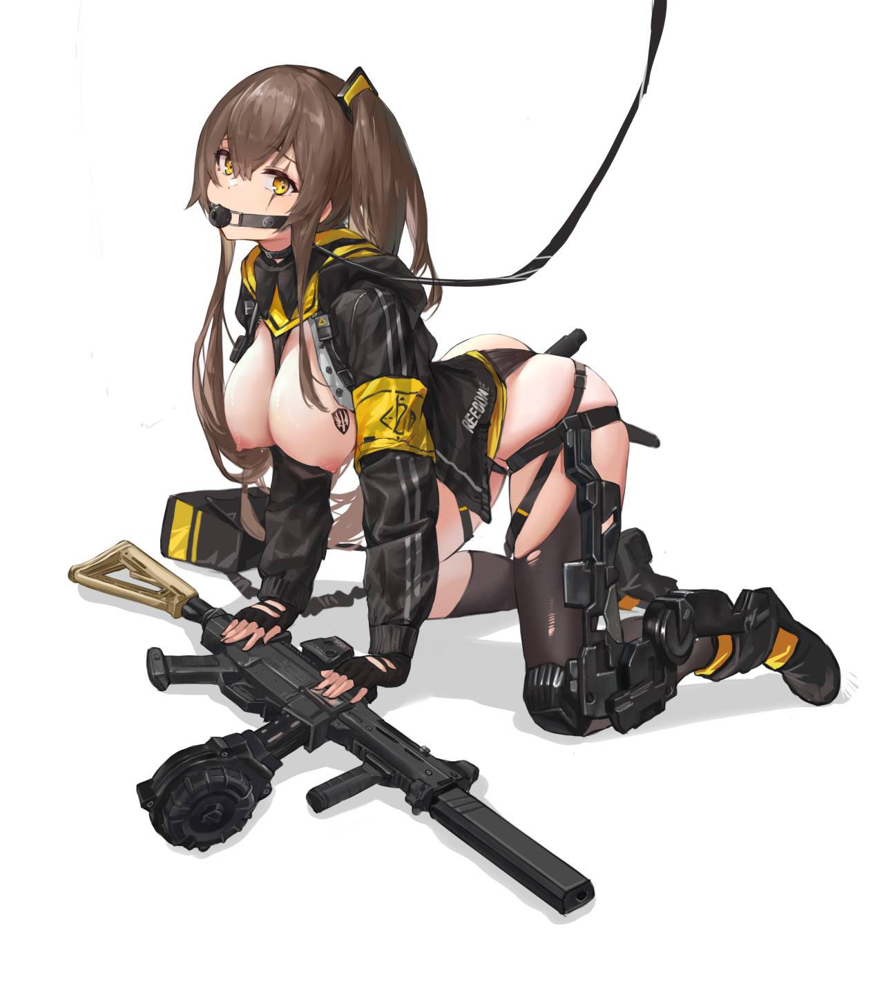 1girls ball_gag breasts collar dildo dildo_in_ass doggy_style female female_only fingerless_gloves gag gagged girls'_frontline gloves gun leash looking_at_viewer military pantyhose rifle sawkm scar scar_on_face sex_toy slave stockings torn_clothes torn_pantyhose ump45_(girls'_frontline) undressing