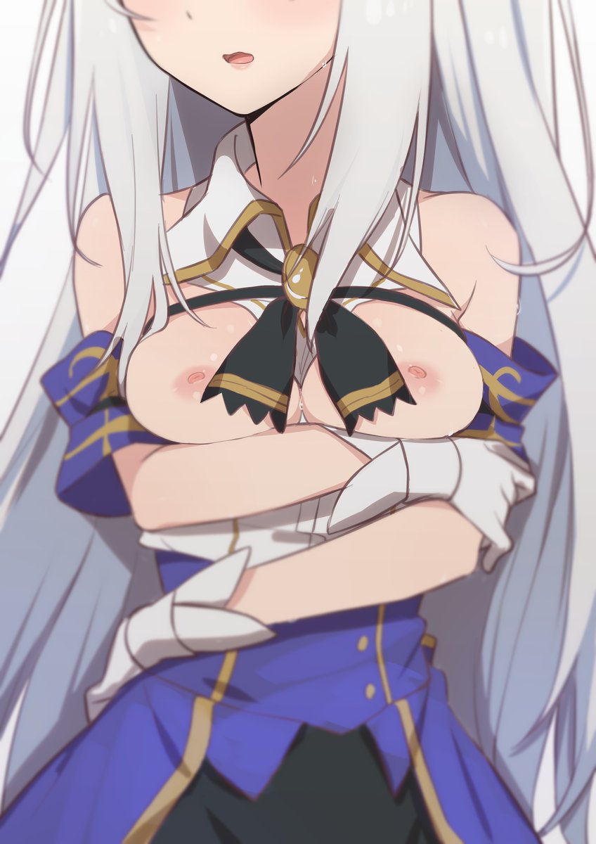 1girls, areolae, arms under breasts, blush, breasts, breasts out, close-up, dress, eyes out of frame, female, female only, gloves, long sleeves, medium breasts, morisobo, ninym ralei, nipples, open mouth, ribbon, solo, standing, sweat, tensai ouji no akaji kokka saiseijutsu, undressing, upper body, white background, white hair