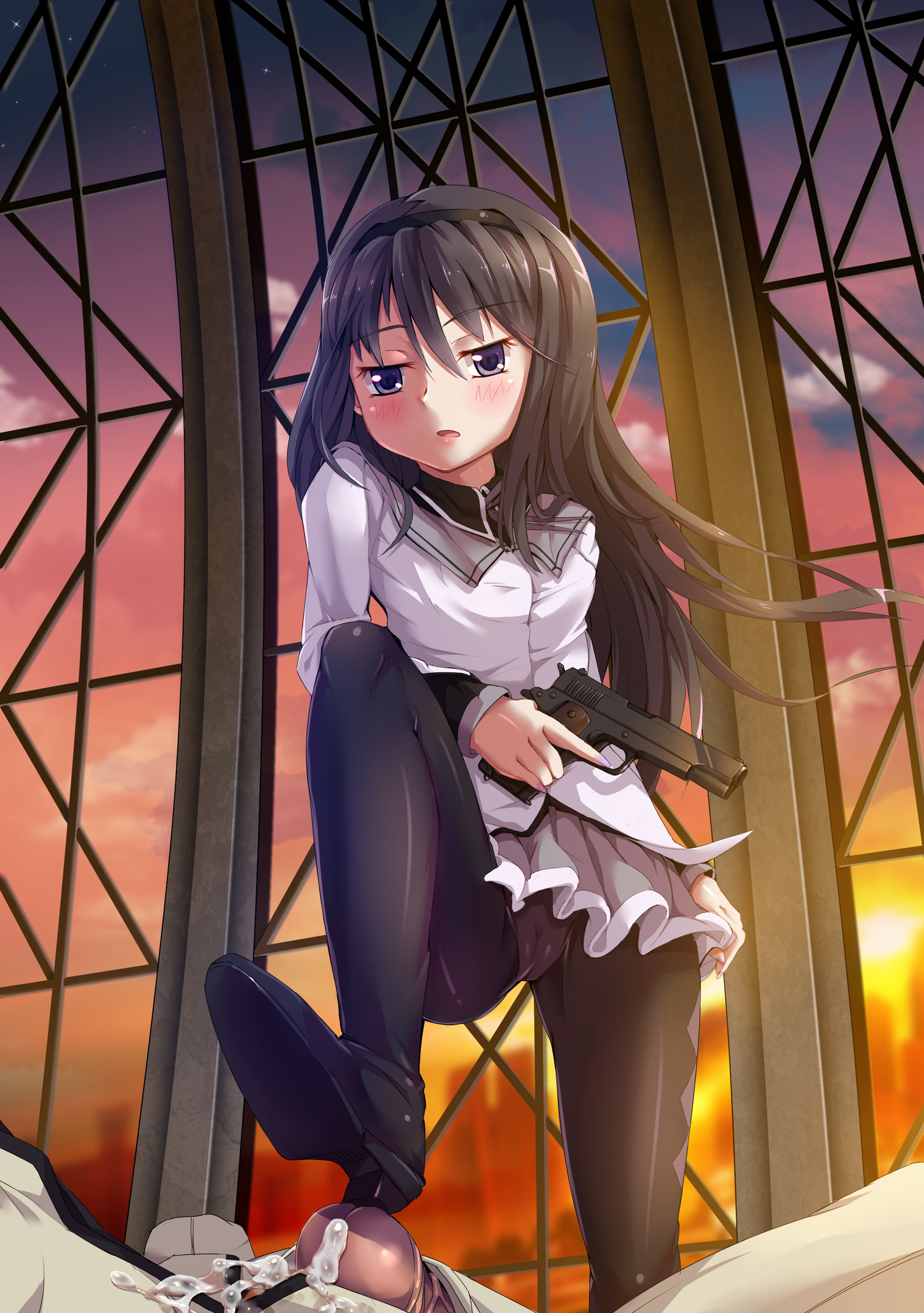 1girls, akemi homura, artist request, black hair, blush, cameltoe, censored, clothing, cum, female, femdom, footjob, footjob with legwear, footjob with one foot, gun, handgun, heeljob, high heels, legwear, long hair, looking at viewer, mahou shoujo madoka magica, male, mosaic censoring, pantyhose, penis, pistol, purple eyes, pussy, shoejob, shoes, skirt, source request, spread legs, standing footjob, trigger discipline