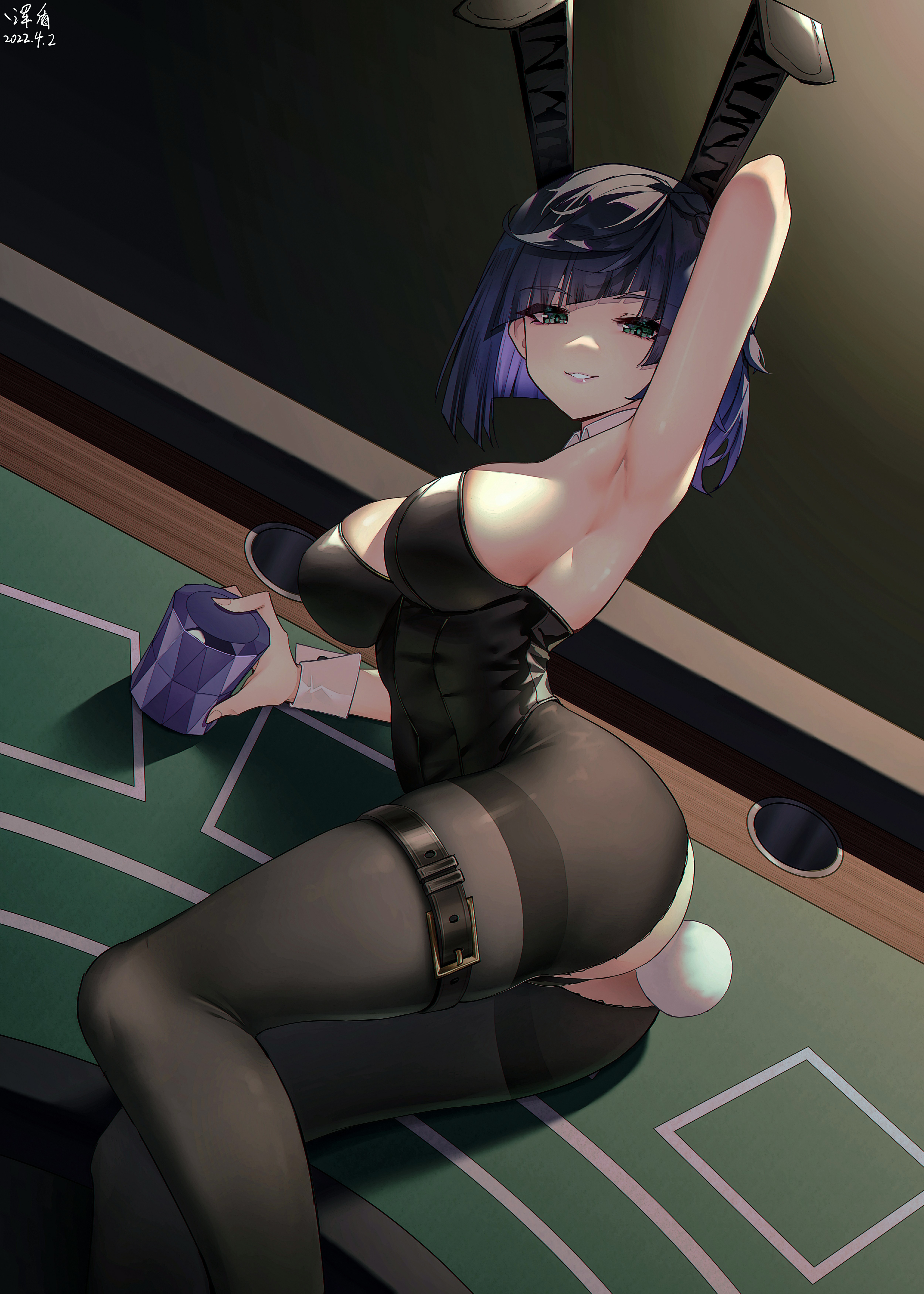 1girls, absurd res, armpits, arms up, ass, bangs, big breasts, black background, blue hair, blush, braid, braided hair, breasts, bunny ears, bunny girl, bunny tail, bunnysuit, casino, collar, cuffs, detailed background, female, genshin impact, green eyes, hi res, highres, hips, huge breasts, hundun no bifang, large breasts, leggings, leotard, looking at viewer, lying, ripped clothing, short hair, sitting, slim waist, small waist, solo, table, thick, thick thighs, thigh strap, thighs, tight clothing, tights, torn clothes, waist, wide hips, yelan (genshin impact)