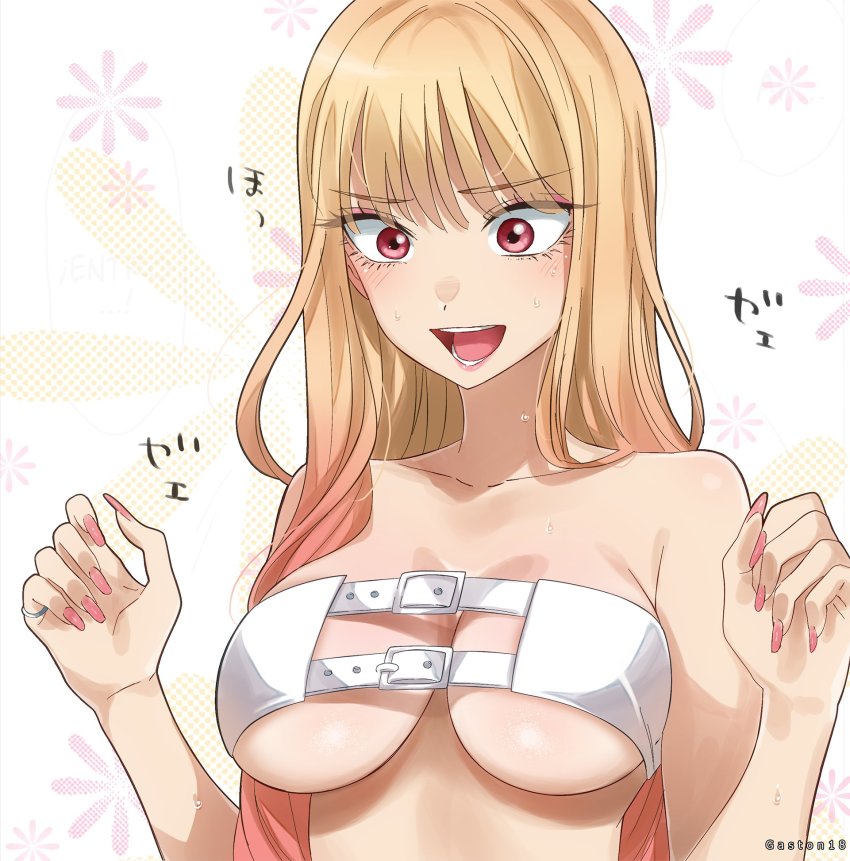 1girls blonde_hair breasts cleavage eyebrows_visible_through_hair female gaston18 gyaru kitagawa_marin large_breasts long_fingernails long_hair nail_polish pink_eyes pink_nails pink_tips prisoner_veronica_(cosplay) red_eyes smile solo sono_bisque_doll_wa_koi_wo_suru underboob