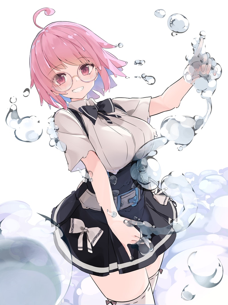 1girls belt bow bubbles buttons eyebrows_visible_through_hair glasses large_breasts liquid looking_at_viewer matching_hair/eyes pink_eyes pink_hair sae_(vtuber) slime slime_girl smile solo_female thighs virtual_youtuber