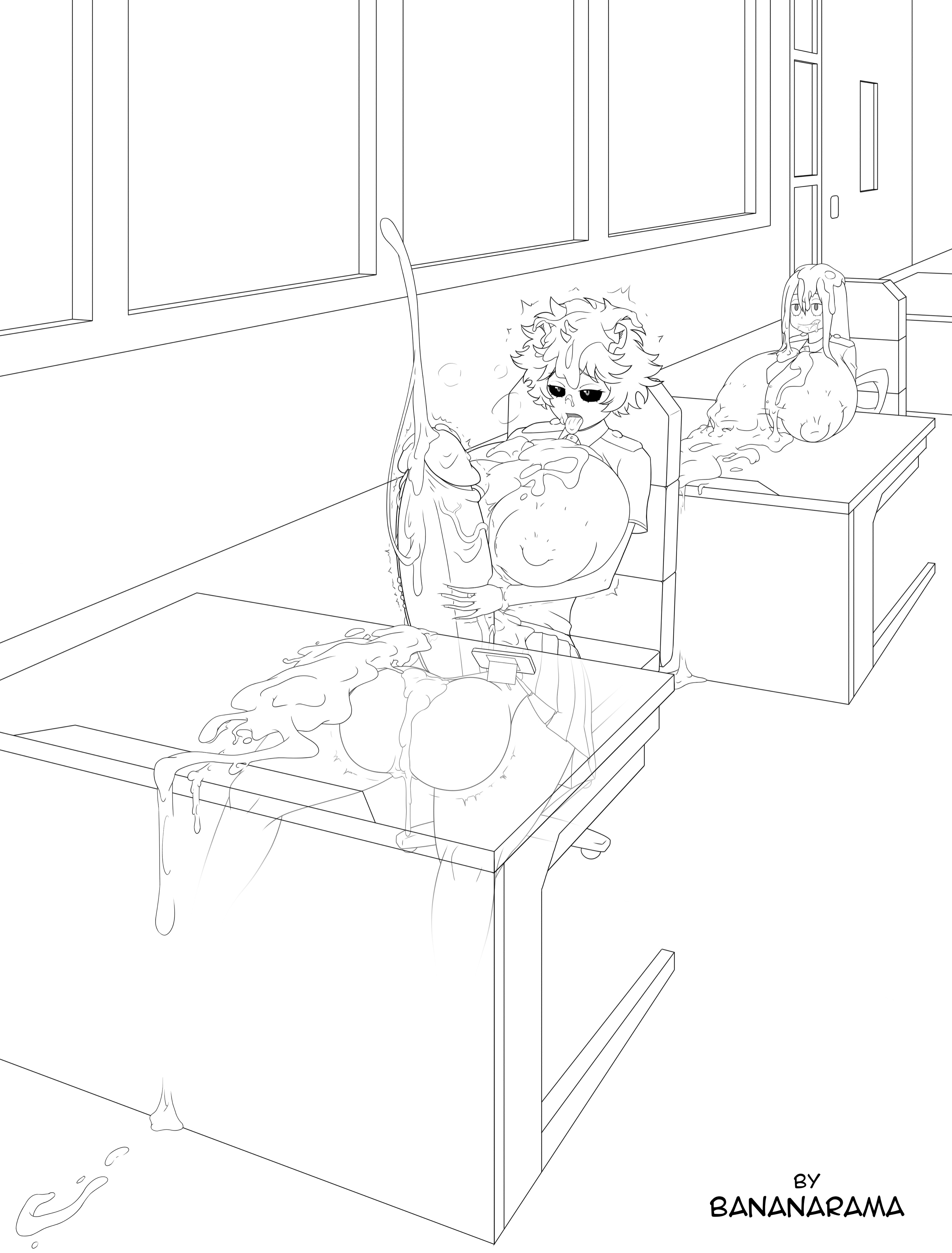 1futa, 1girls, ahe gao, areolae, balls, bananarama (artist), big balls, big breasts, big penis, big testicles, black and white, breasts, breasts on table, classroom, climax, clothed, clothing, continuous ejaculation, cum, cum all over, cum everywhere, cum on balls, cum on face, cum on hair, cum on own breasts, cum on own face, cum on own hair, cum on table, cumming, dickgirl, ejaculation, erect penis, excessive cum, female, futa focus, futanari, gigantic breasts, gigantic penis, horns, huge balls, huge breasts, huge cock, huge testicles, human, humanoid, humanoid penis, hyper penis, intersex, large balls, large breasts, large penis, large testicles, line art, looking through, massive breasts, masturbation, mina ashido, monochrome, mostly clothed, mouth open, my hero academia, nipples, no color, no panties, open mouth, orgasm, penis, phone, public, public masturbation, puffy nipples, school uniform, solo focus, testicles, thick penis, tongue, tongue out, tsuyu asui, two-handed masturbation, wide penis