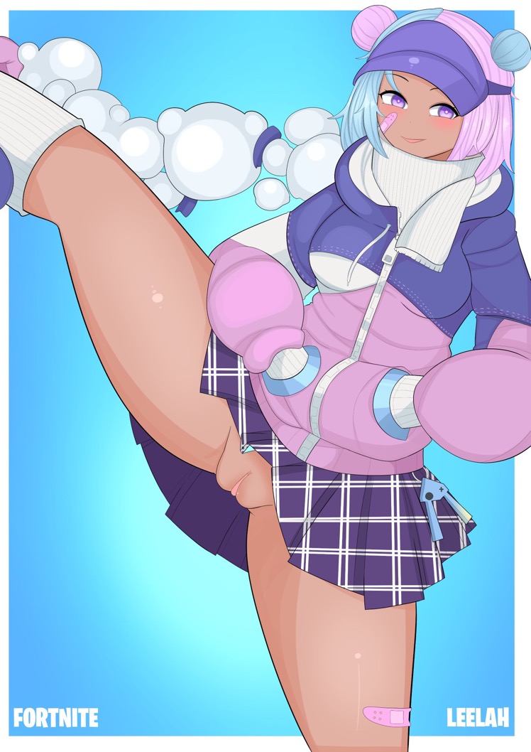1girls, blue hair, domaniax, female, female only, fortnite, fortnite: battle royale, hands in pockets, hoodie, leelah (fortnite), leg up, no panties, pink hair, posing, skirt, skirt lift, solo