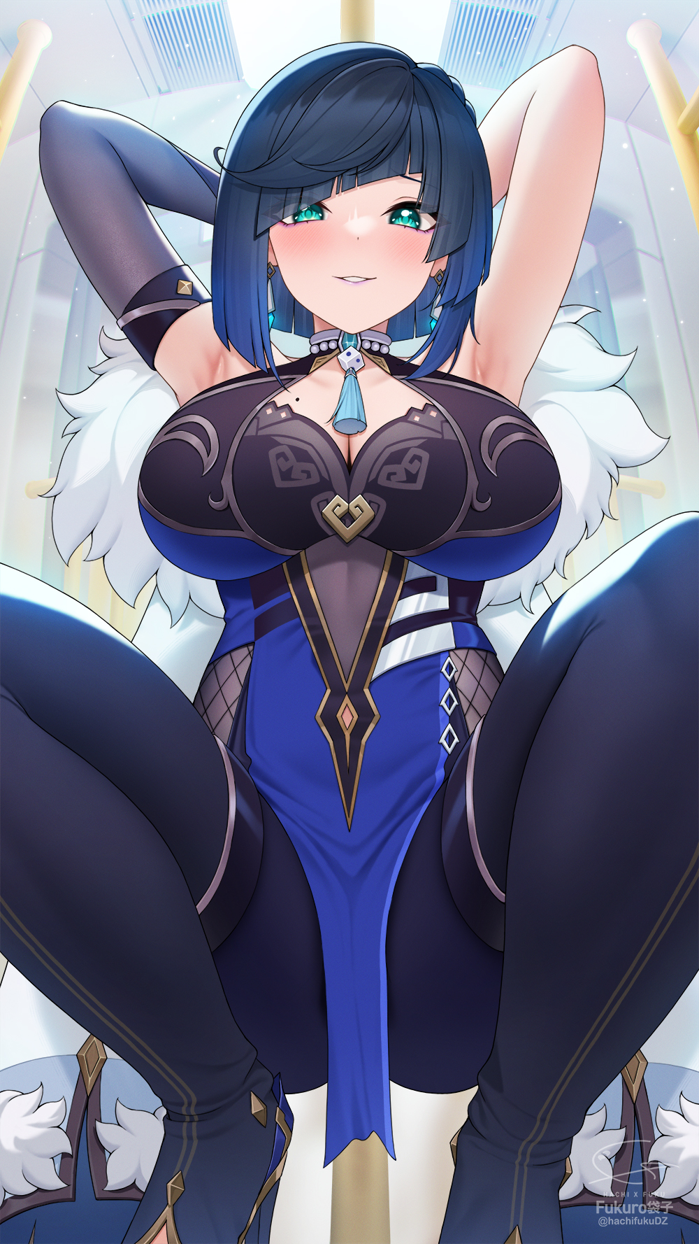 1girls, abs, armpits, arms up, bangs, big breasts, blue hair, blush, bodysuit, boob window, breasts, cleavage, detailed background, elbow gloves, female, fukuro ko (greentea), genshin impact, gloves, green eyes, huge breasts, large breasts, looking at viewer, looking down, mole, mole on breast, short hair, slim waist, small waist, smile, solo, squatting, thick, thick thighs, thigh boots, thigh highs, thighhighs, thighs, waist, yelan (genshin impact)