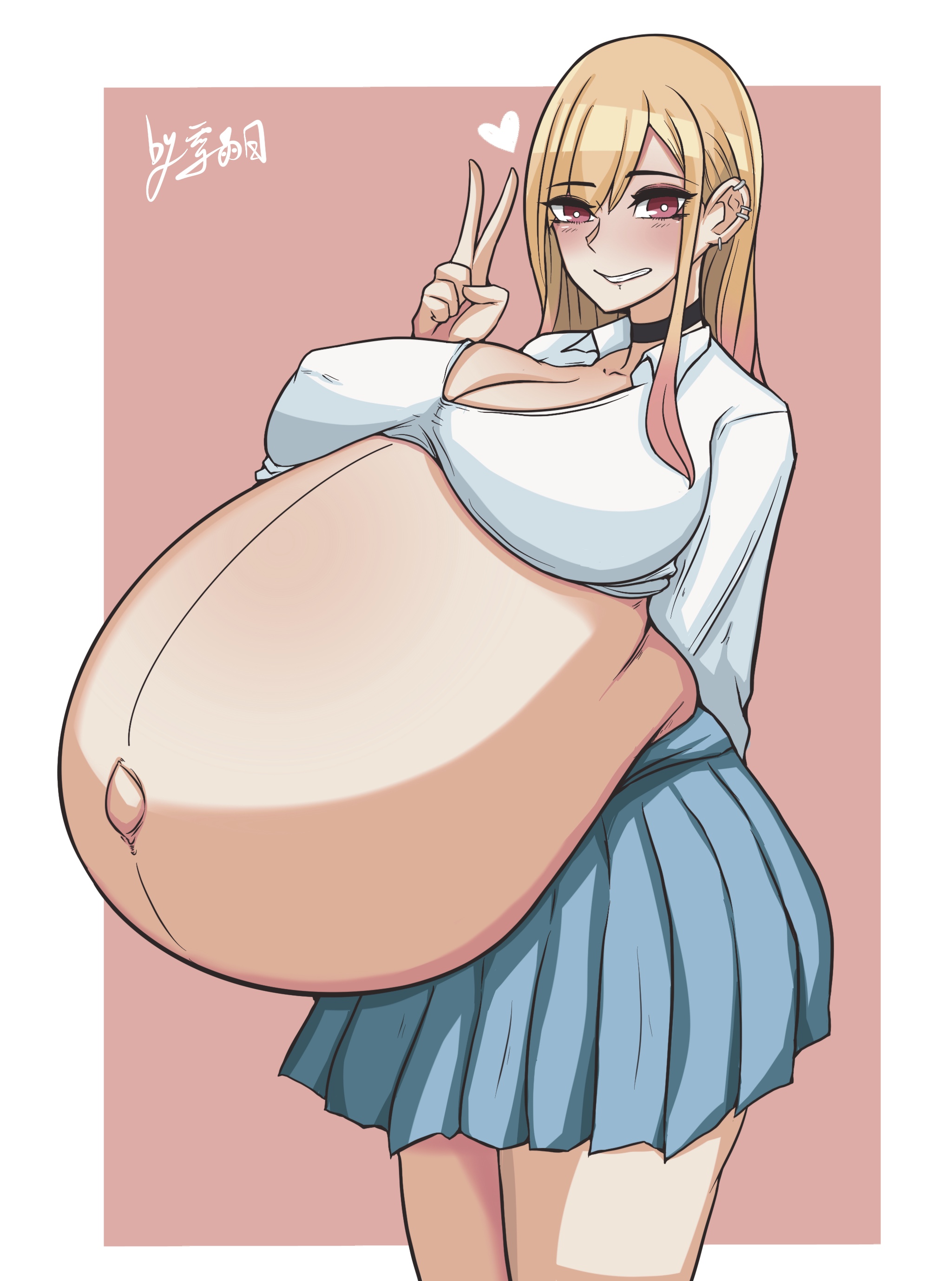 big breasts, blonde hair, breasts, choker, female, female only, gyaru, hyper, hyper belly, hyper pregnancy, kitagawa marin, long hair, looking at viewer, pink eyes, pleated skirt, pregnant, ready to pop, school uniform, smile, solo, sono bisque doll wa koi wo suru, tied shirt, v
