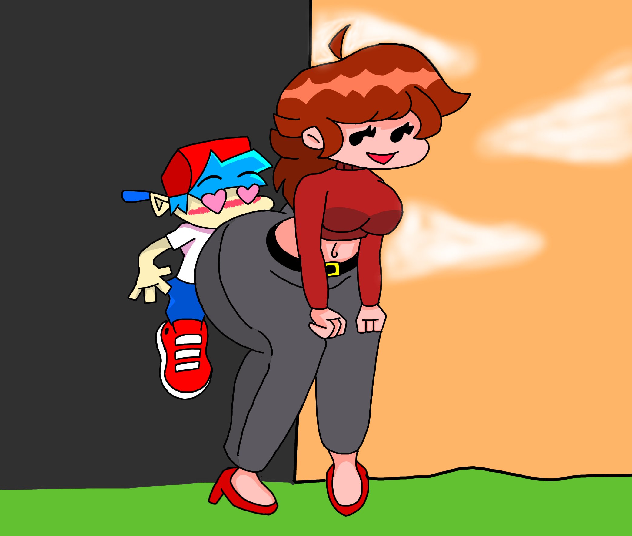 1boy, 1girls, ass, ass smothering, background, belly button, belt, black jeans, blush, boyfriend (friday night funkin), breasts, buttcrush, faker gf (friday night funkin), female, fnf mods, friday night funkin, girlfriend (friday night funkin), heart-shaped pupils, jacket, larger female, looking back, male, midriff, pwerdley, redesign, redraw, short hair, similar art, size difference, smaller male, straight, thick ass