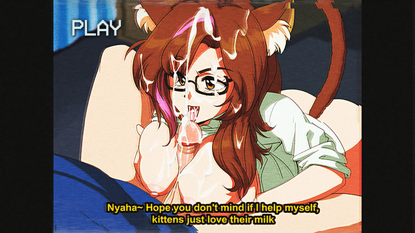 1boy, 1girls, breasts, brown eyes, brown hair, cat ears, cat girl, cat tail, catgirl, cum, dirtyero (artist), female, glasses, grabbing from behind, hetero, large breasts, male, paizuri, pillarbox, retro artstyle, tagme