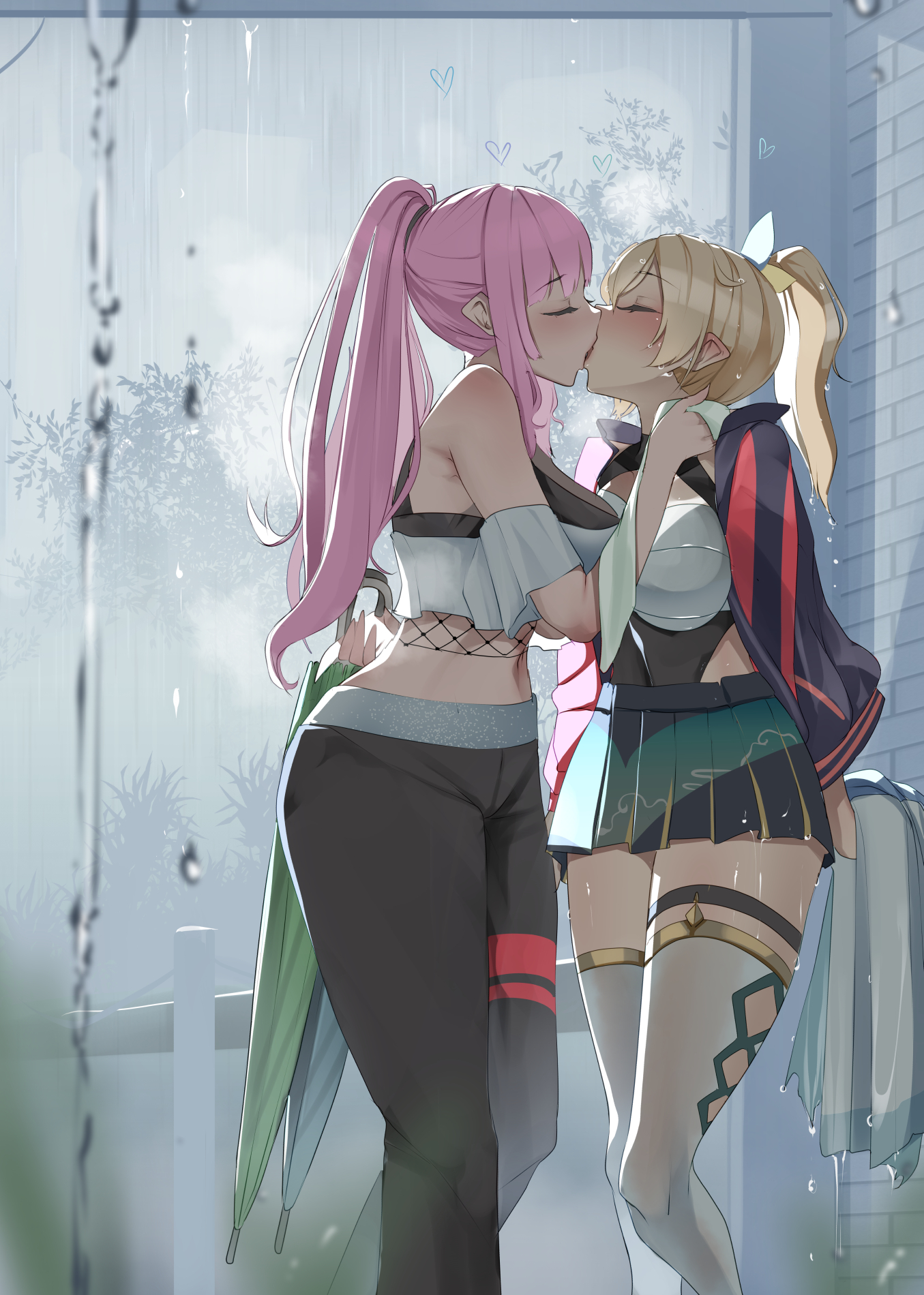 2022, 2girls, blonde hair, breasts, clothed, clothed female, commission, female, female only, hi res, hips, hololive, hololive english, hololive japan, hololive myth, holox, kazama iroha, kissing, large breasts, long hair, monobe, monobe yuri, mori calliope, outdoors, pink hair, pointy ears, rain, raining, skirt, slim waist, thick thighs, thighhighs, thighs, virtual youtuber, wide hips, yuri